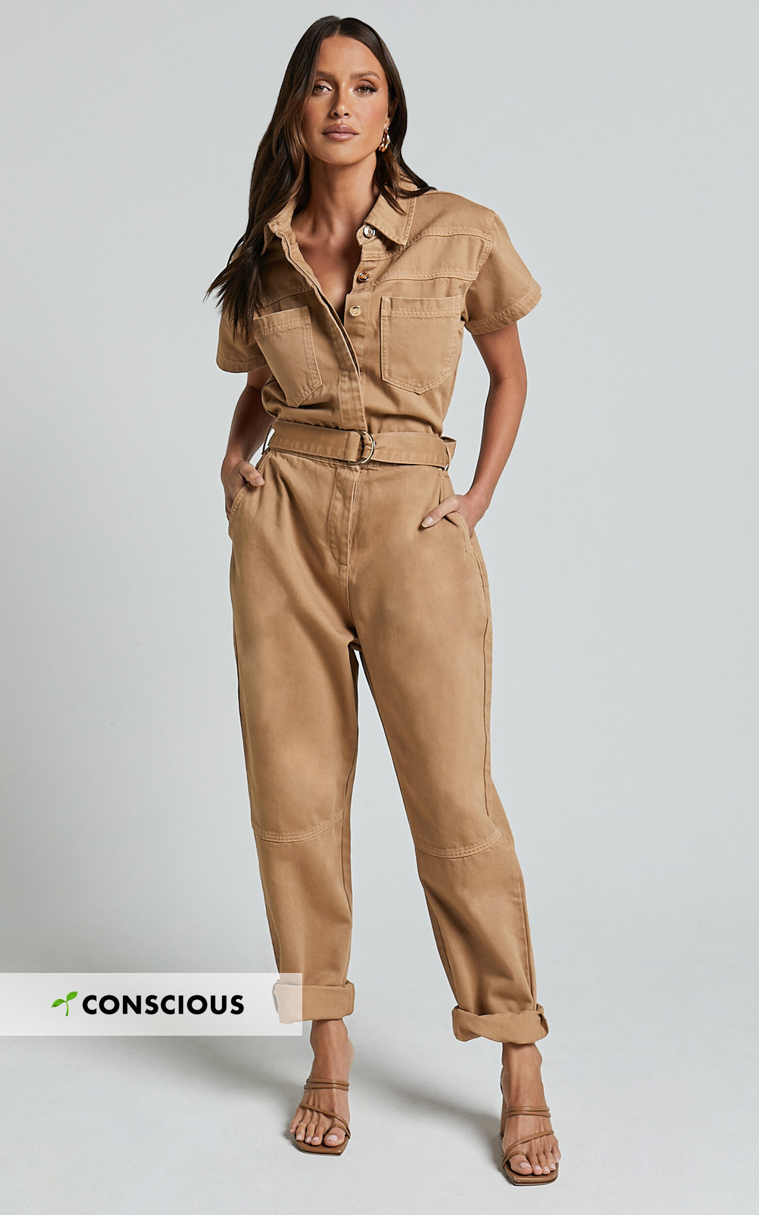Amalie The Label - Havanah Recycled Cotton Denim Boiler Jumpsuit in Tobacco