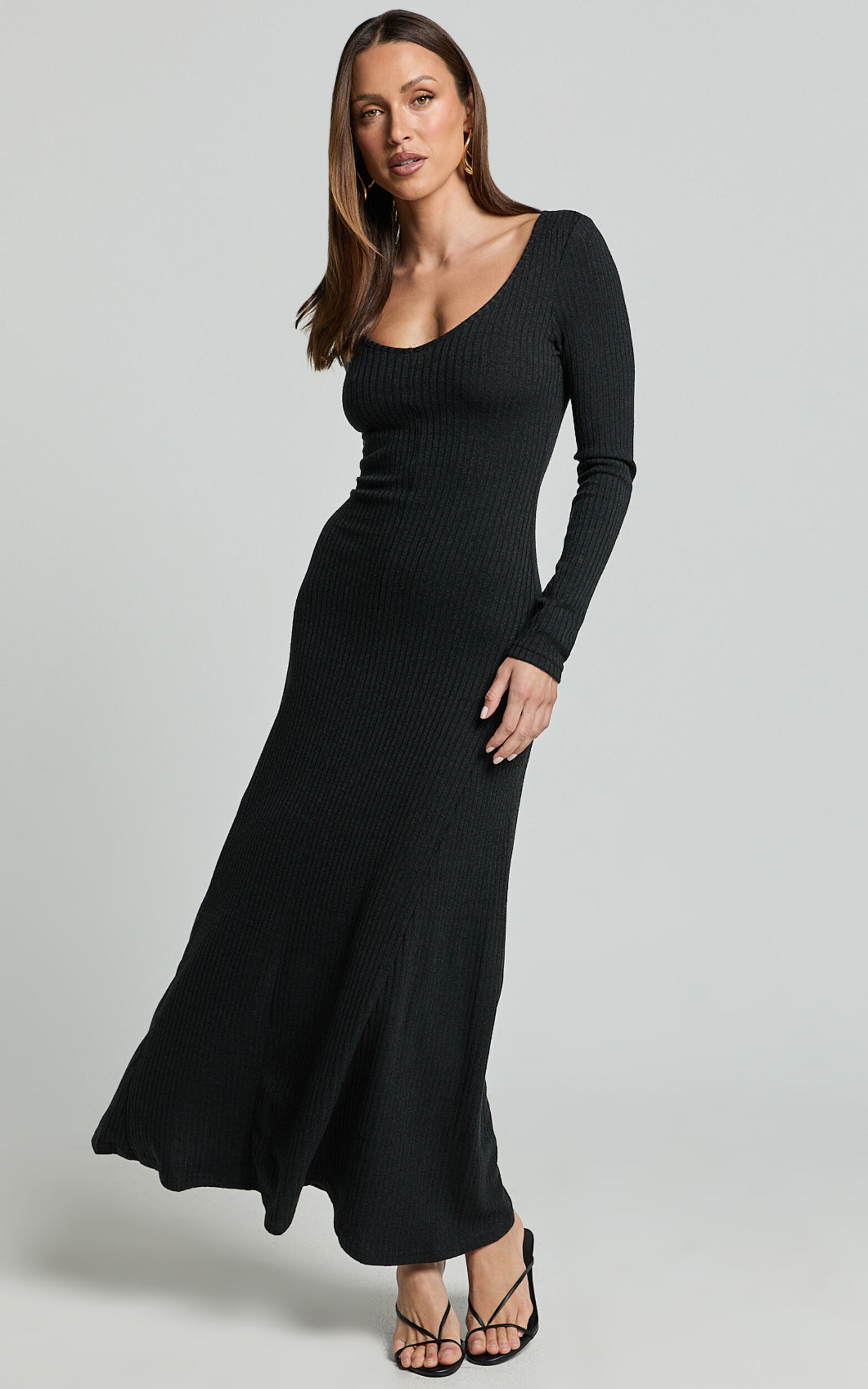 Lydia Midi Dress - V Neck Long Sleeve Knitted Dress in Black
