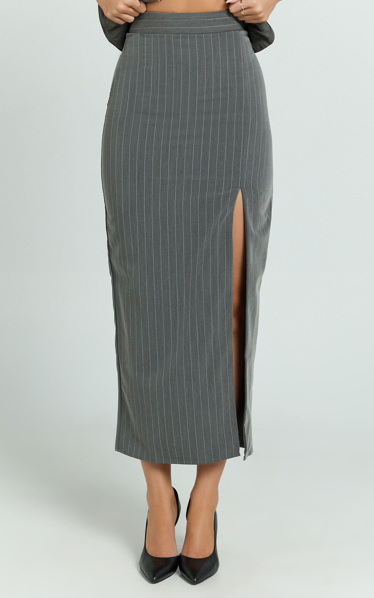 Fiona Midi Skirt - Pinstripe Bodycon Side Leg Split Workwear Skirt in Dark Grey