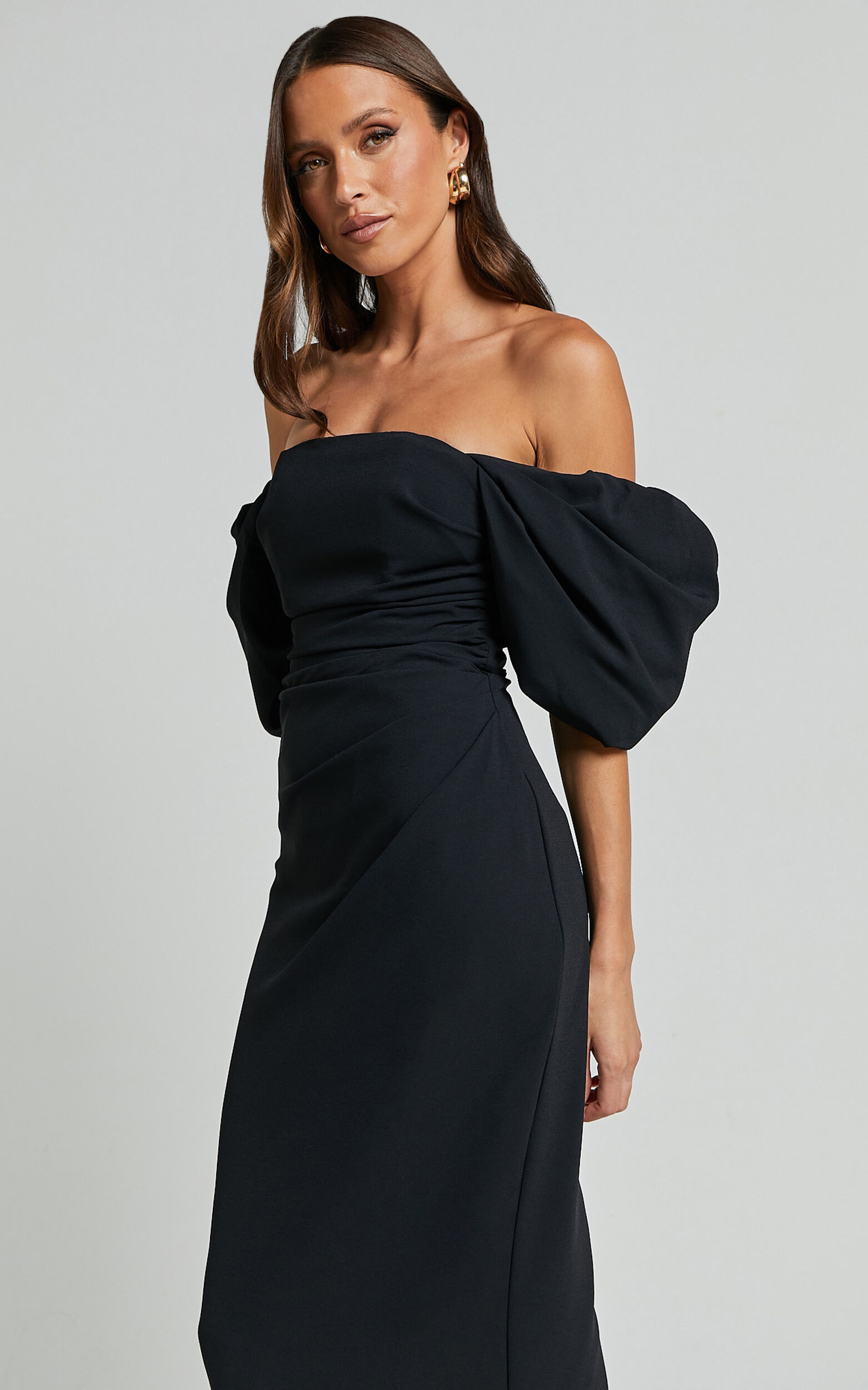 Lohan Midi Dress - Off Shoulder Puff Sleeve in Black