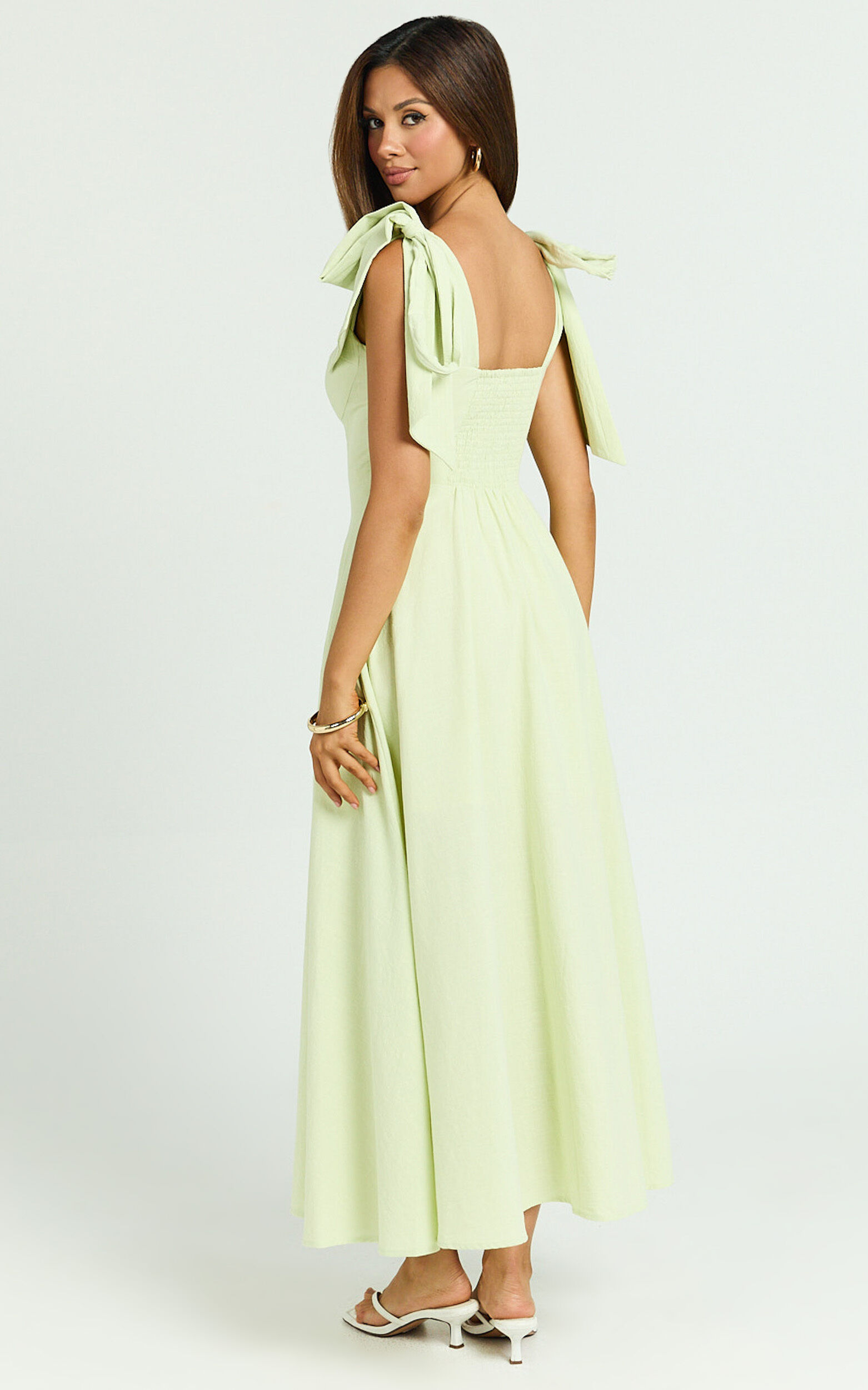 Tymia Midi Dress - Shoulder Tie Bustier Shirred Back A Line in Celery