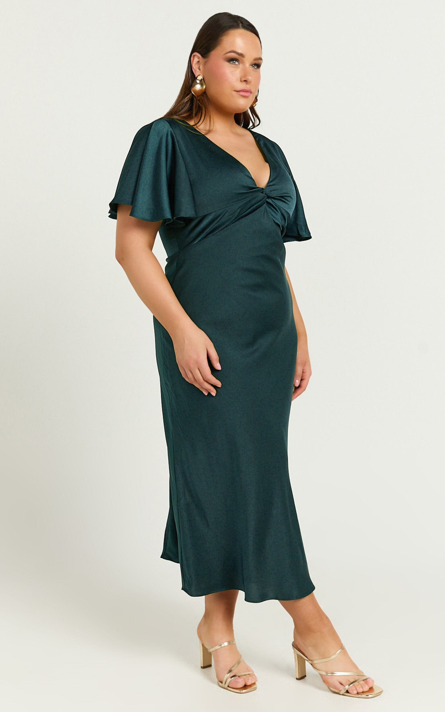 Amartina Midi Dress - V Neck Twist Bodice Flutter Sleeve Dress in Forest Green