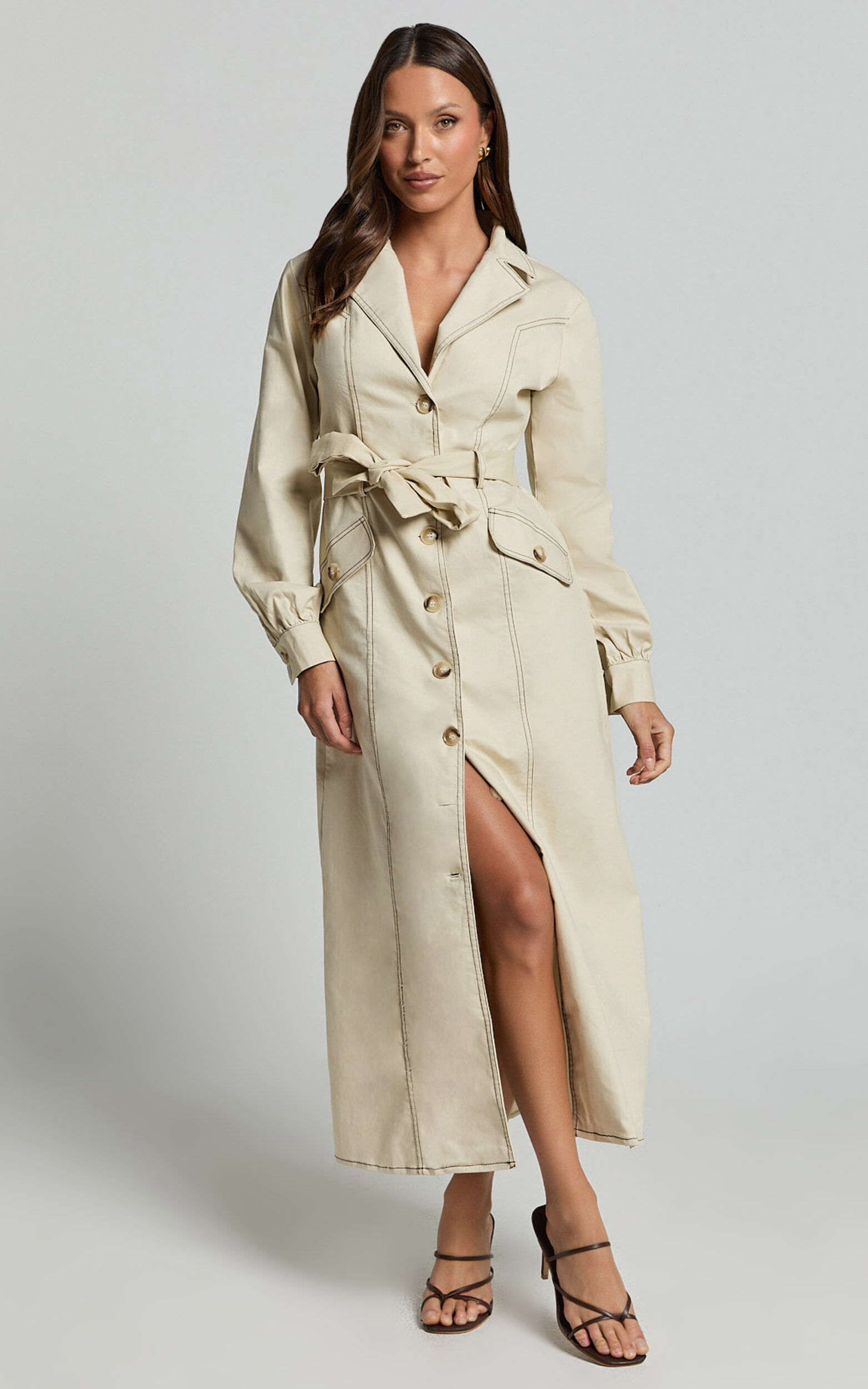 Yelena Midi Dress - Button up Collared Belted Long Sleeve Dress in Natural