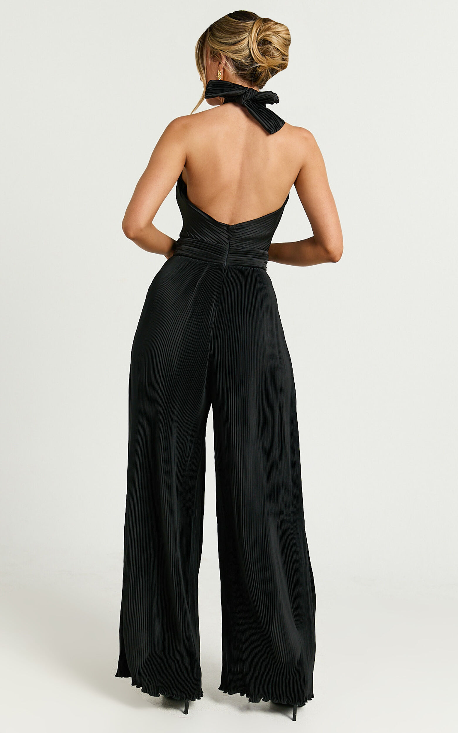 Paris Jumpsuit - Plisse Halter Neck Wide Leg Jumpsuit in Black