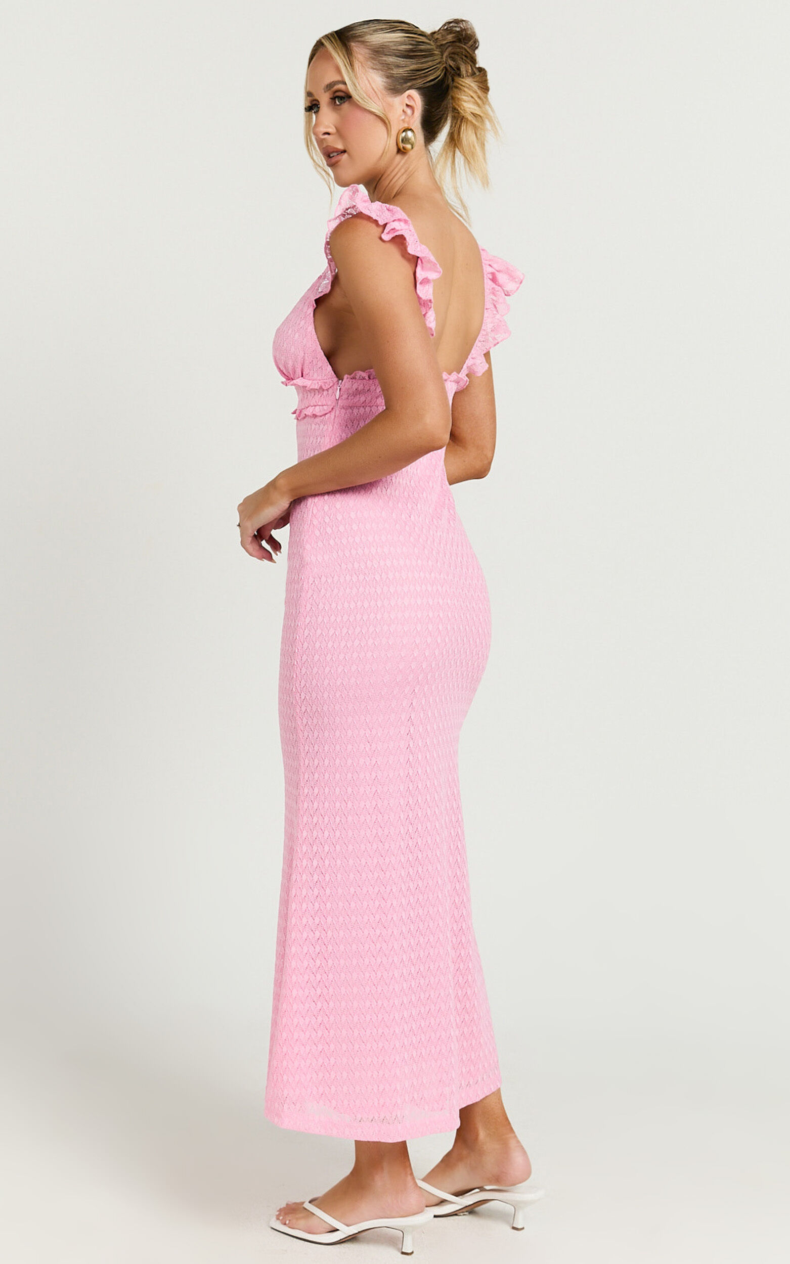 Roycie Midi Dress - Frill Sleeve V Neck Dress in Pink
