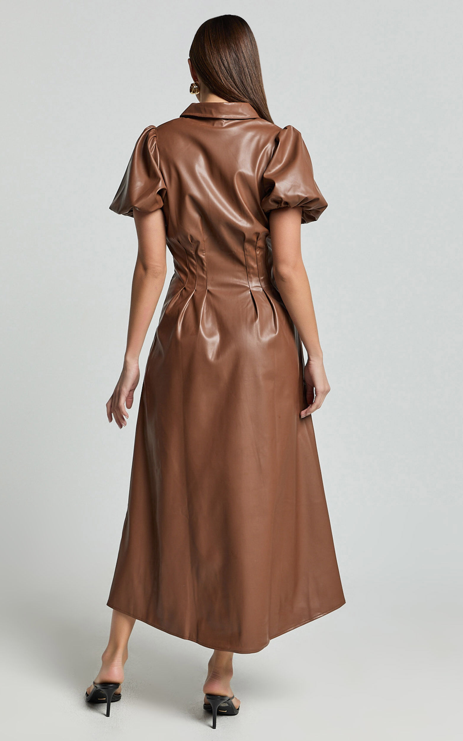 Ziva Midi Dress - Short Puff Sleeve Button Through Dress in Chocolate
