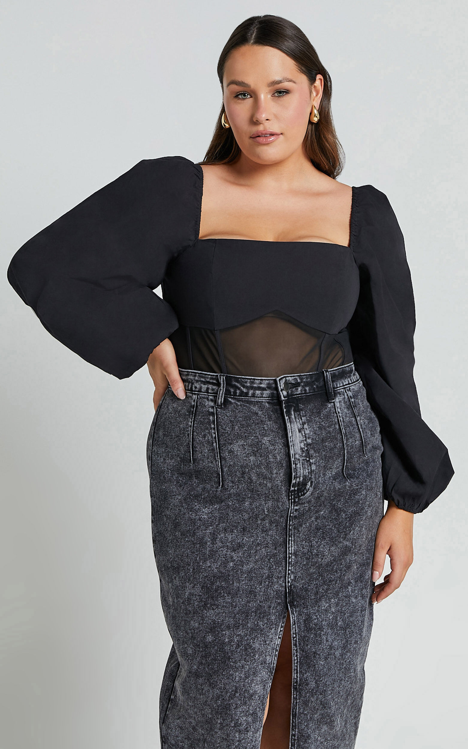 Lincy Bodysuit - Puff Long Sleeve Mesh Waist Detail Bodysuit in Black