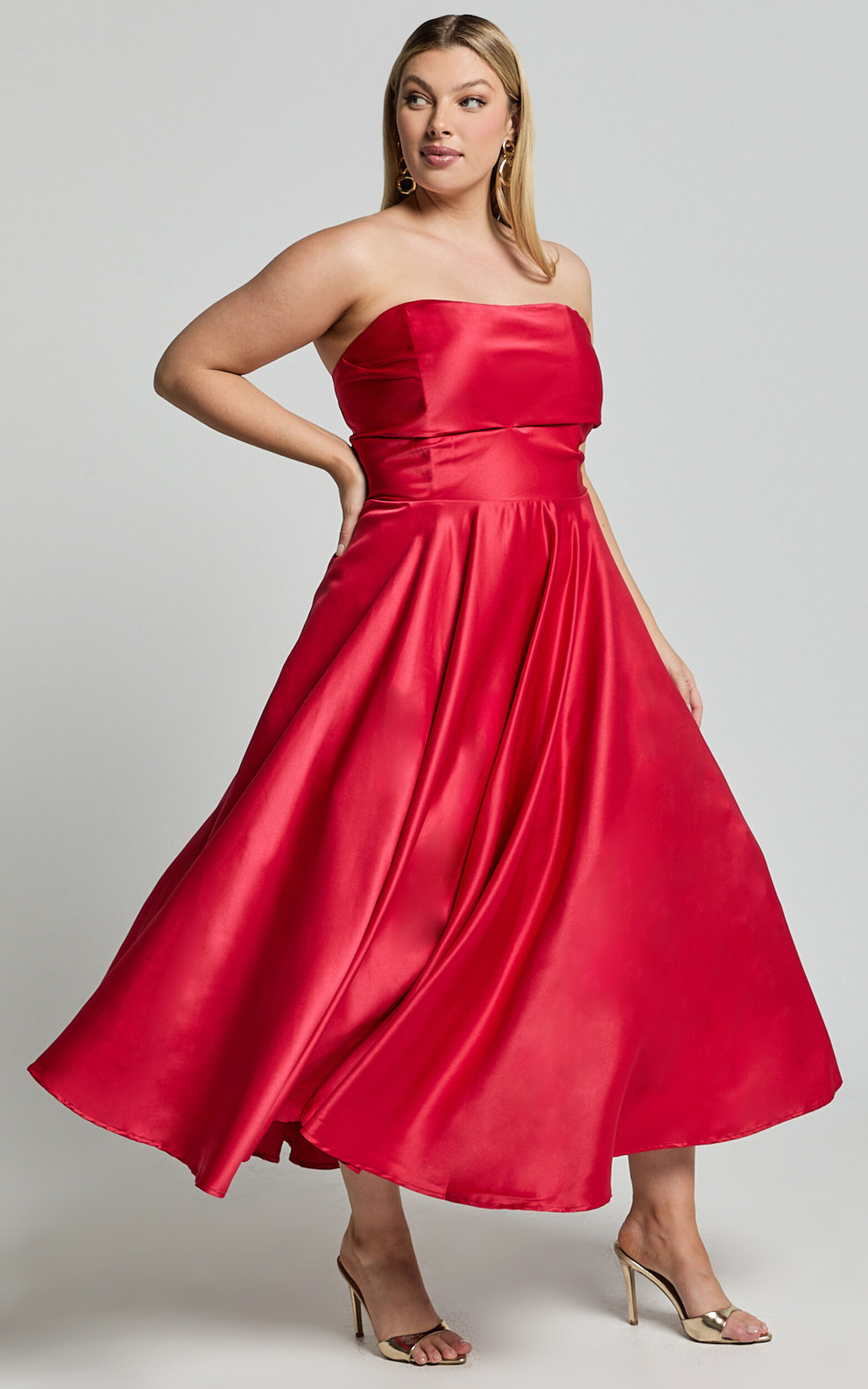 Helaina Midi Dress - Strapless A-Line Satin Dress in Red