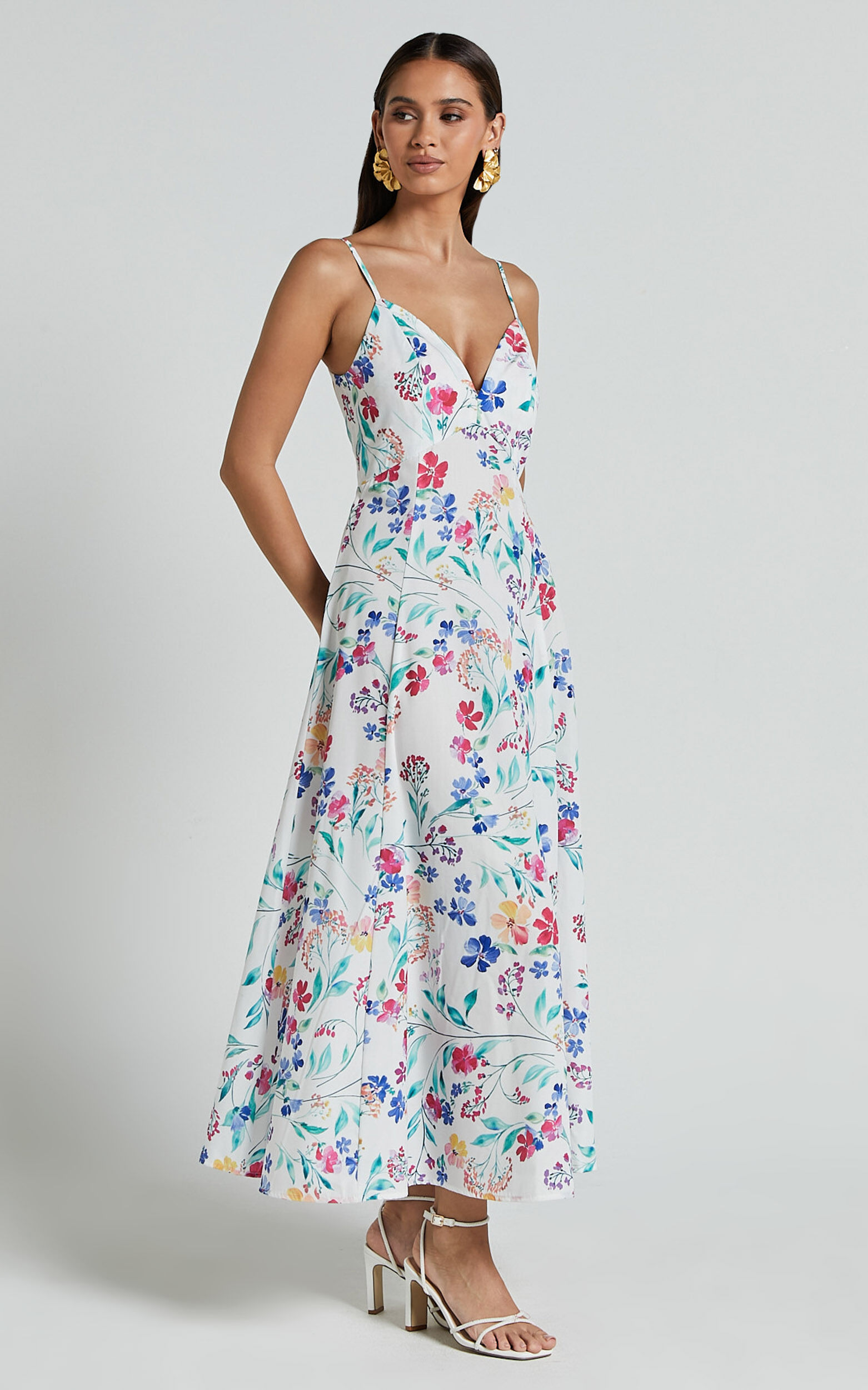 Georgia Midi Dress - Strappy Plunge A Line Dress in Peony Meadow Print