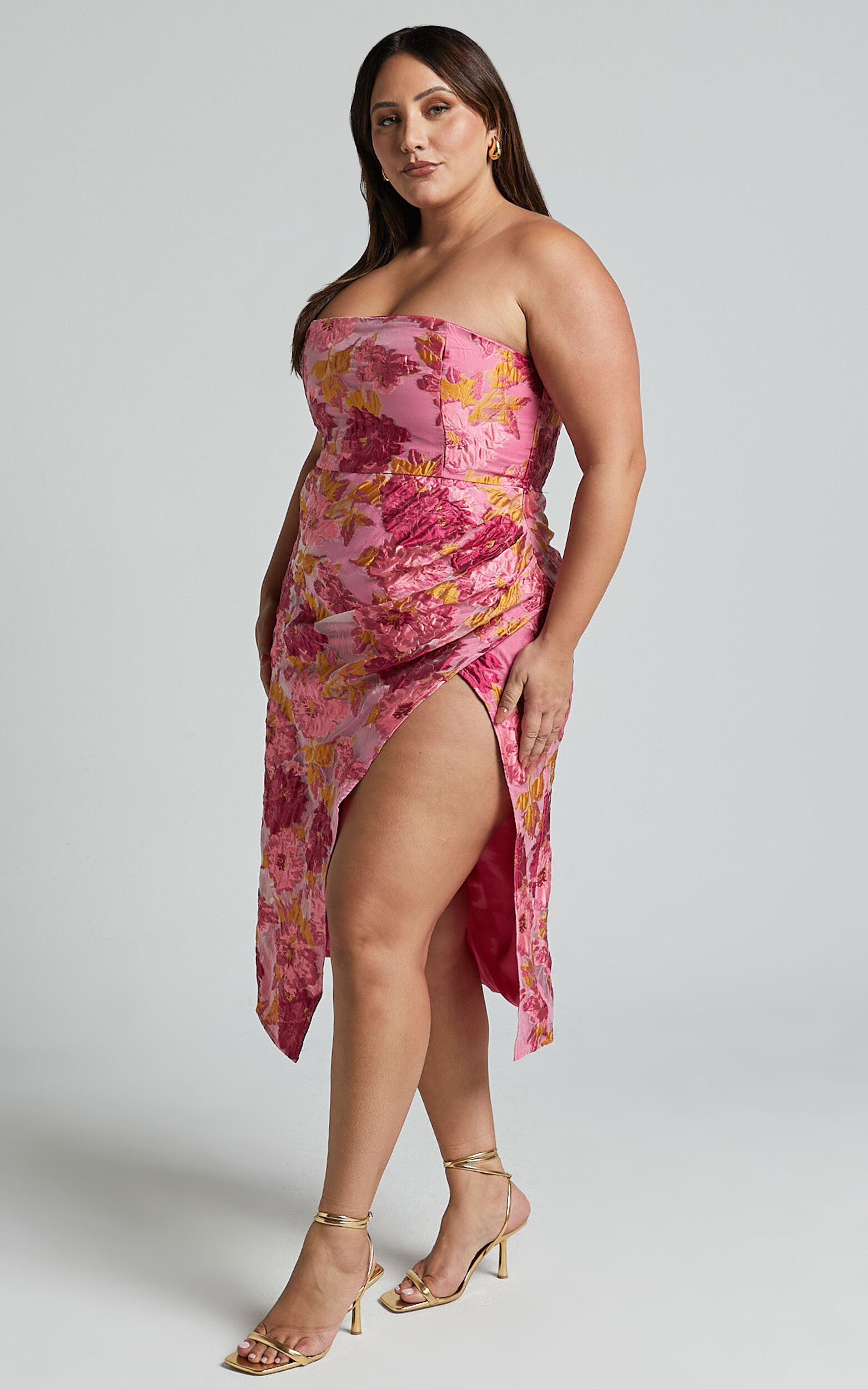 Brailey Midi Dress - Thigh Split Strapless Dress in Pink Jacquard