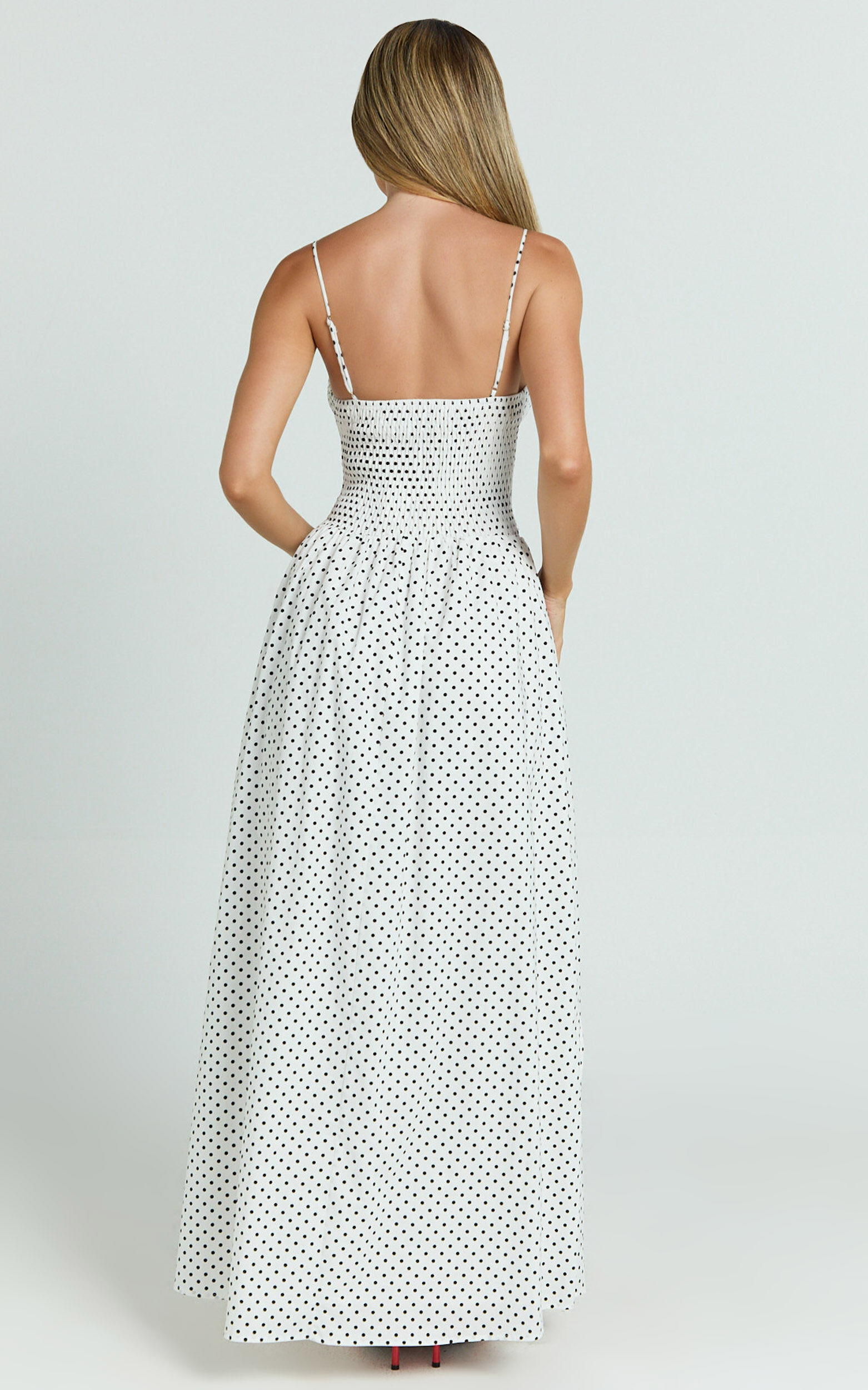 Doris Maxi Dress - Strappy Fit and Flare Maxi Dress in White Polkadot