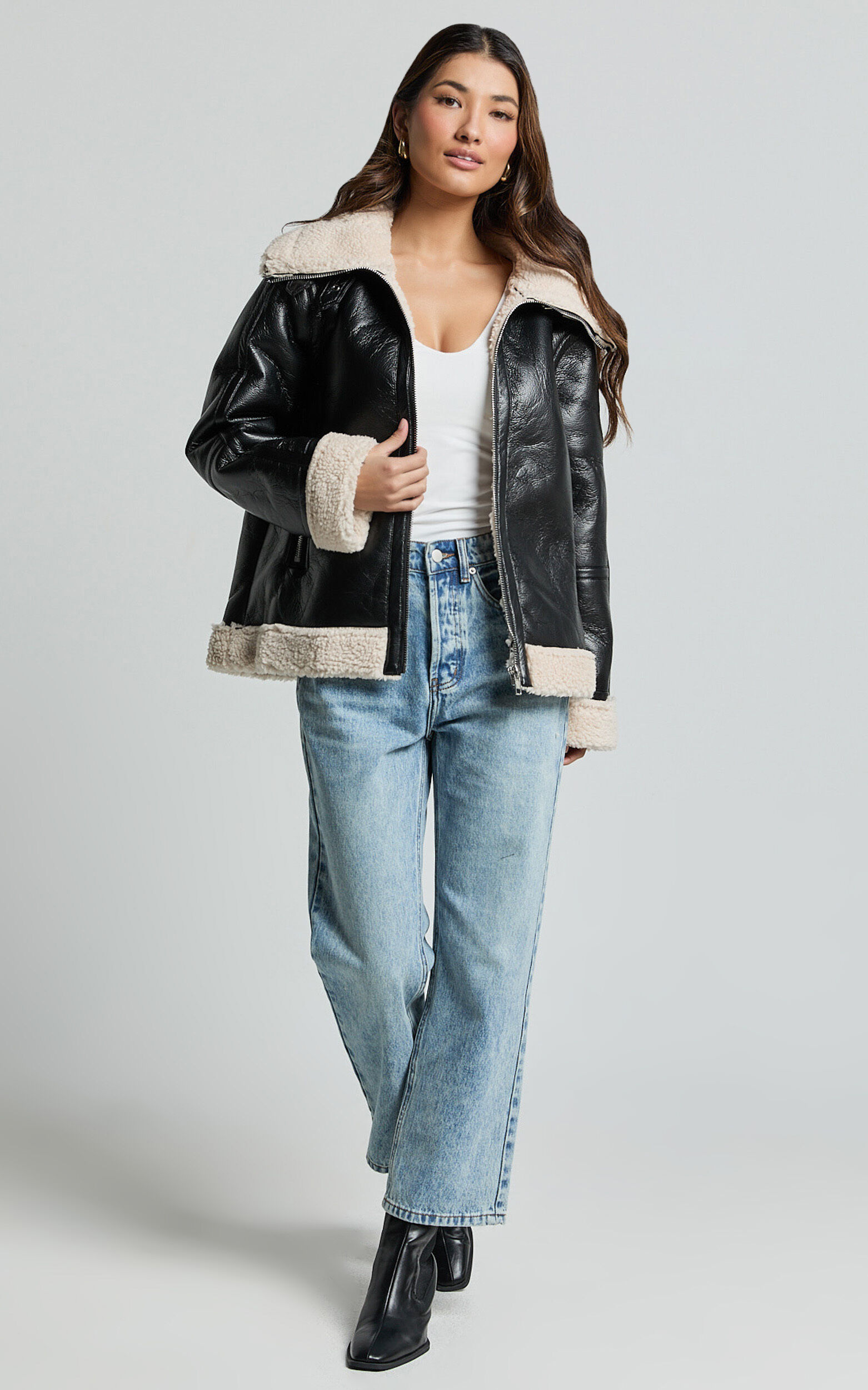 Willa Jacket - Faux Leather Shearling Aviator Jacket in Black