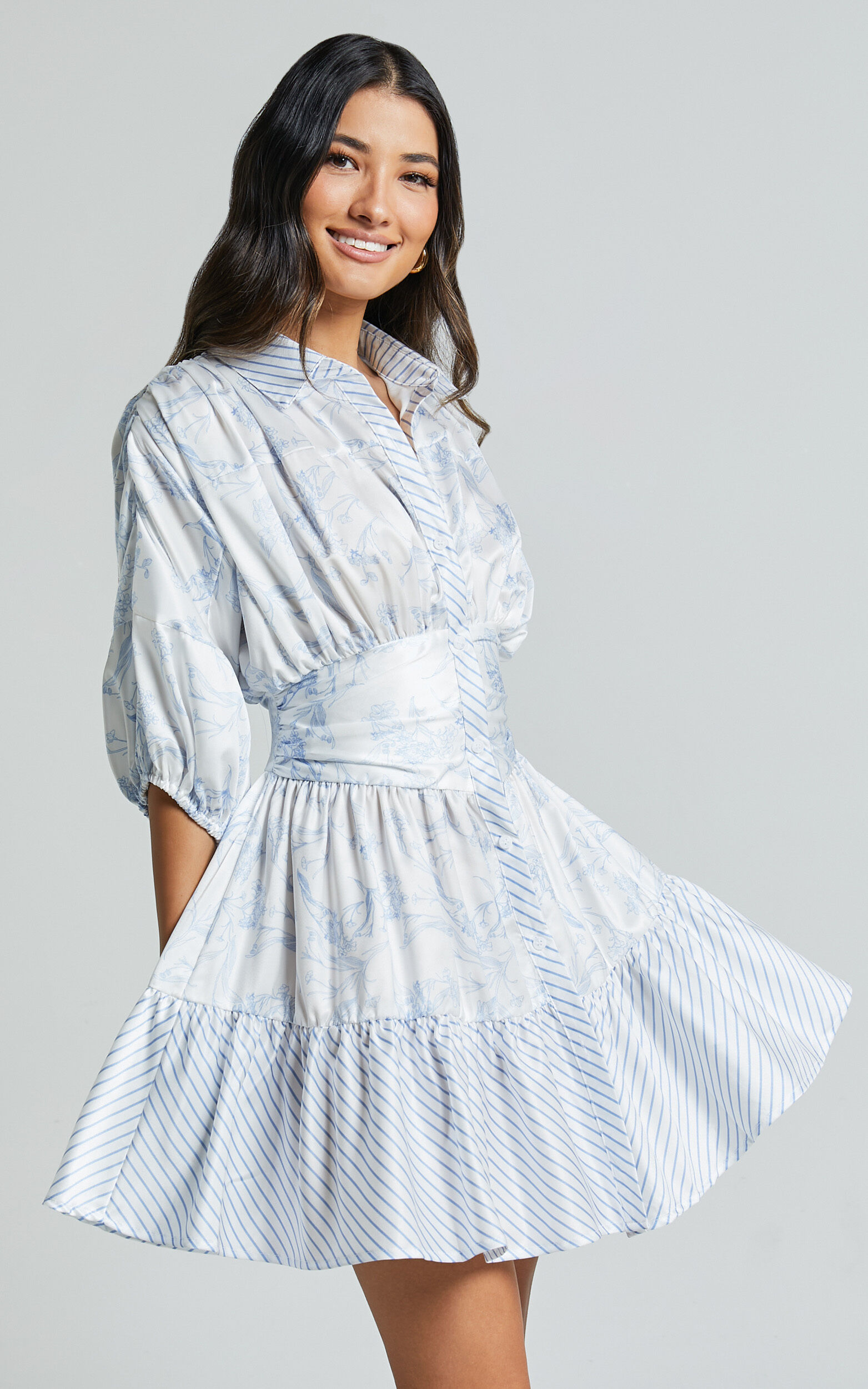 Amabella Mini Dress - 3/4 Sleeve Collared Button Up Dress in Blue