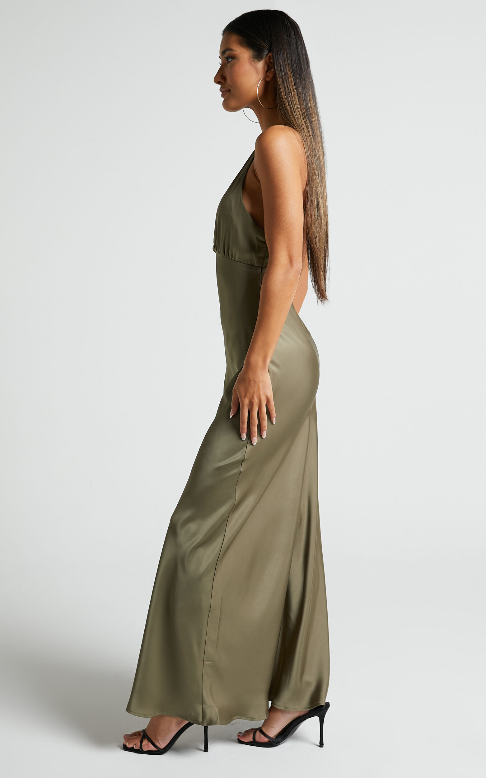 Khalani Midi Dress - Deep V Neck Satin Slip Dress in Dark Olive