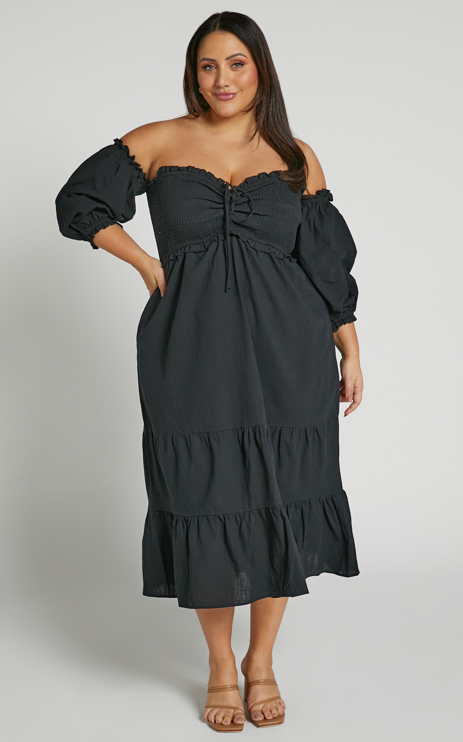 Nikka Midi Linen Dress - Shirred Off Shoulder Puff Sleeve Dress in Black