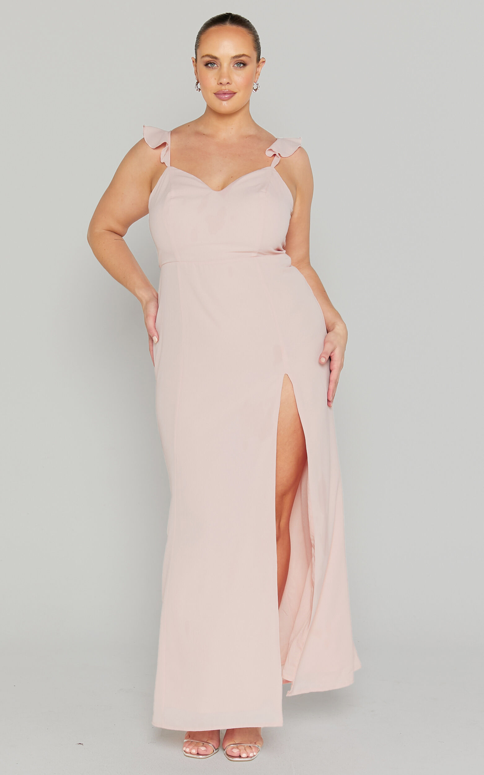 More Than This Maxi Dress - Ruffle Strap Thigh Split Dress in Blush