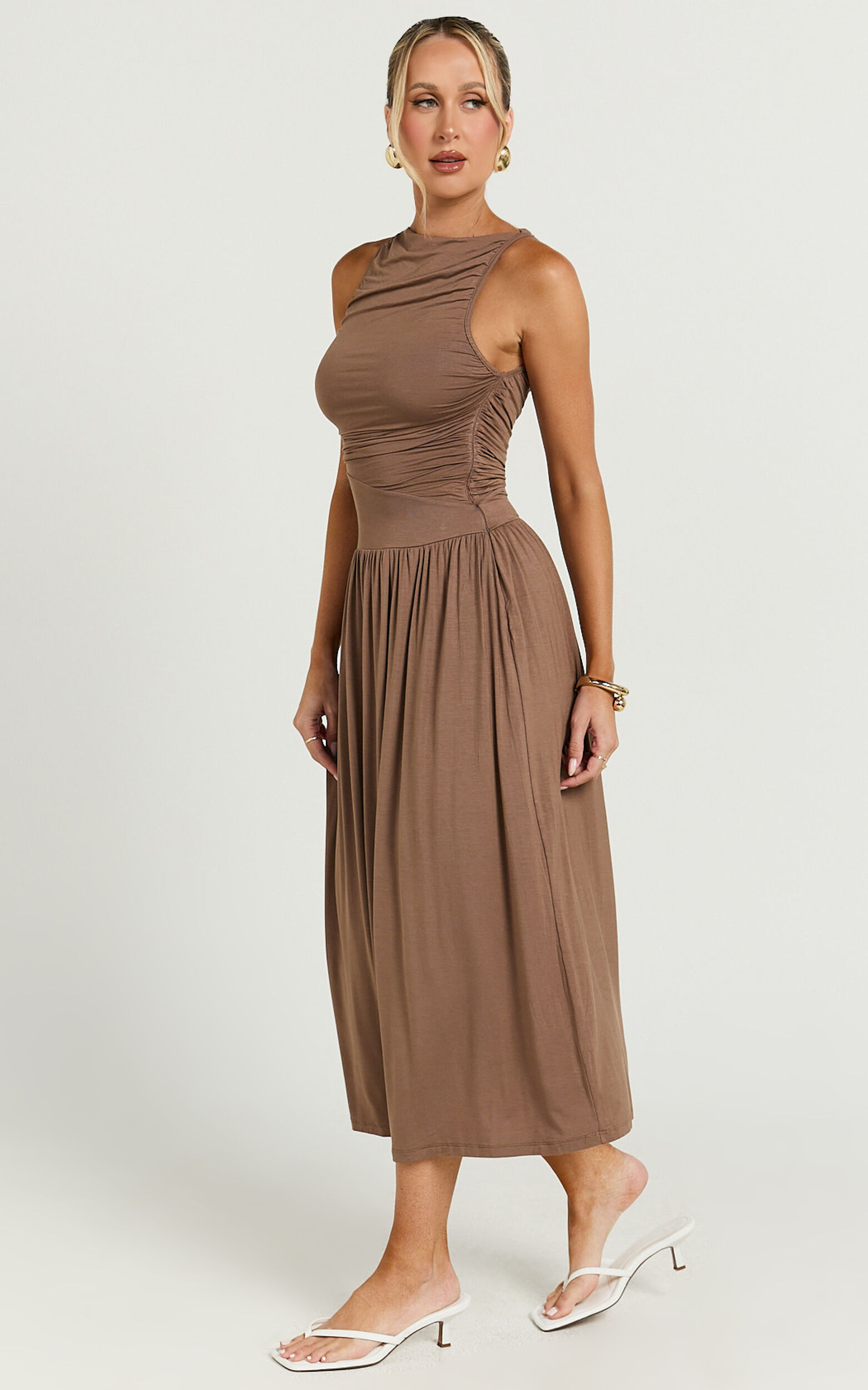 Anciel Midi Dress - Ruched Drop Waist Dress in Chocolate