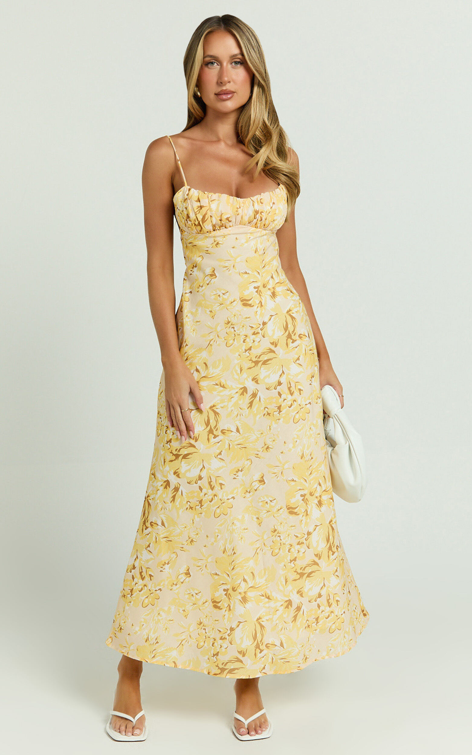 Giselli Midi Dress - Adjustable Strap Ruched Bust Dress in Lemon Floral