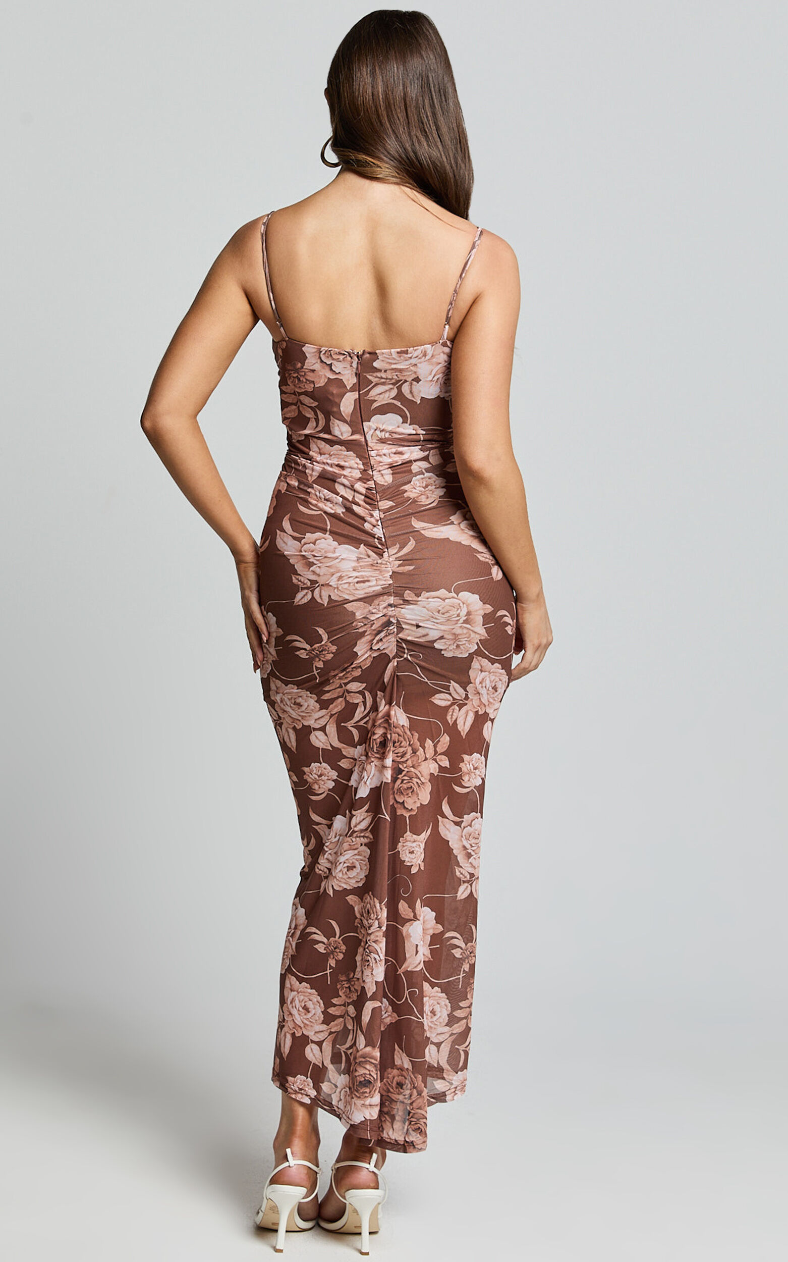 Vinnie Midi Dress - Strappy Ruched Bust Bodycon Dress in Chocolate Floral