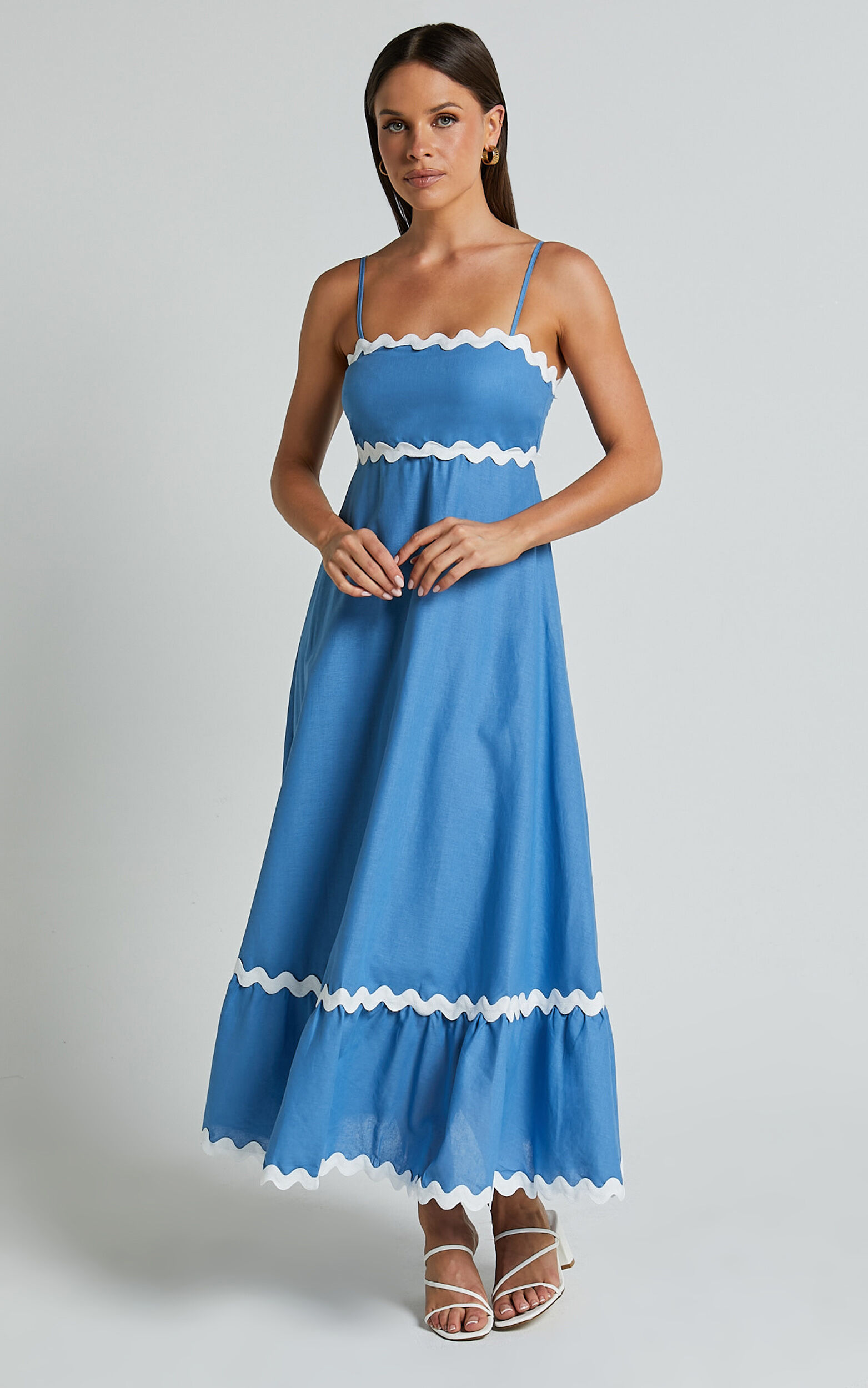 Moriseth Midi Dress - Linen Sleeveless Fit Flare Dress in Blue