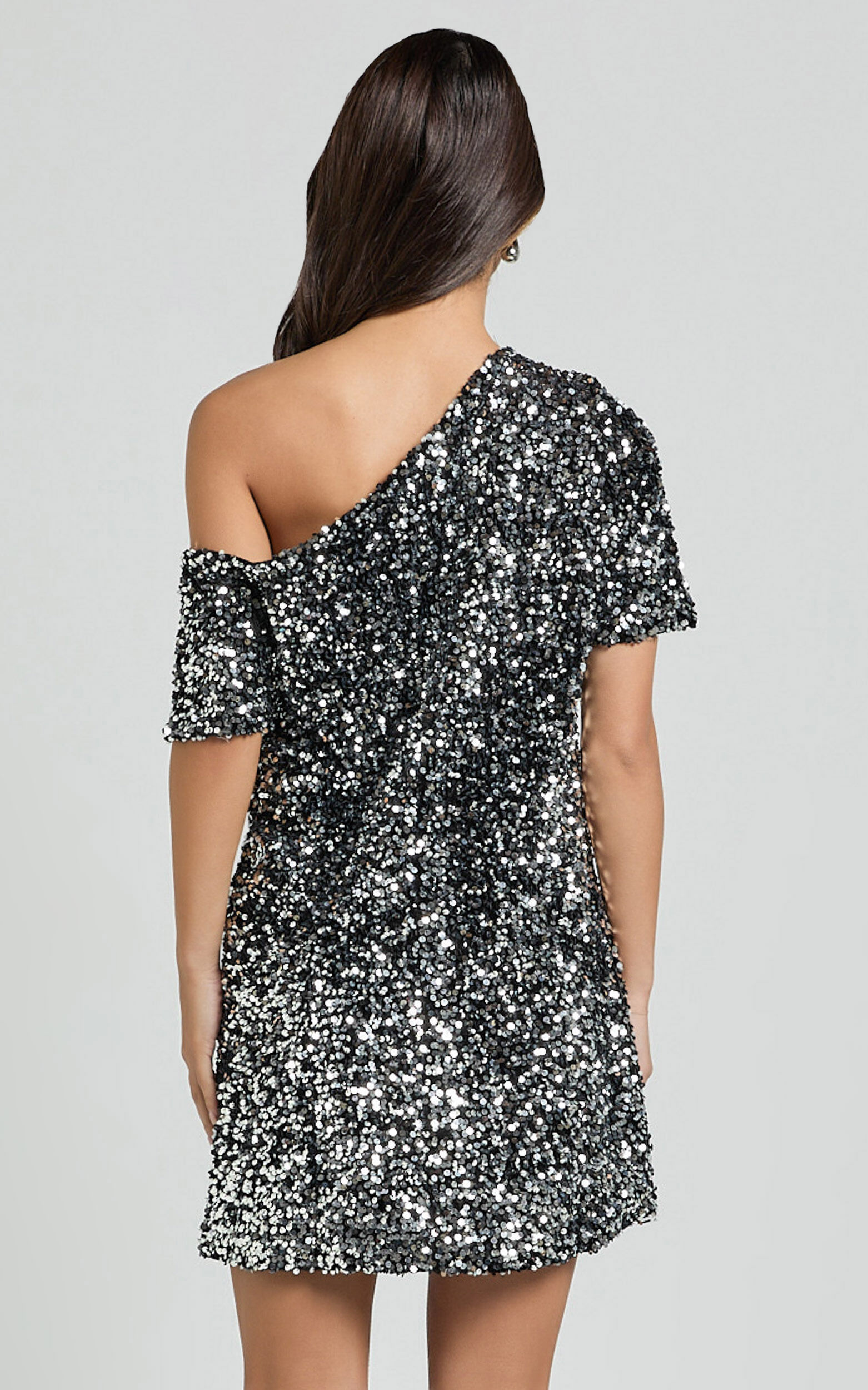 Katrine Mini Dress - Off Shoulder Shift Sequin Dress in Black