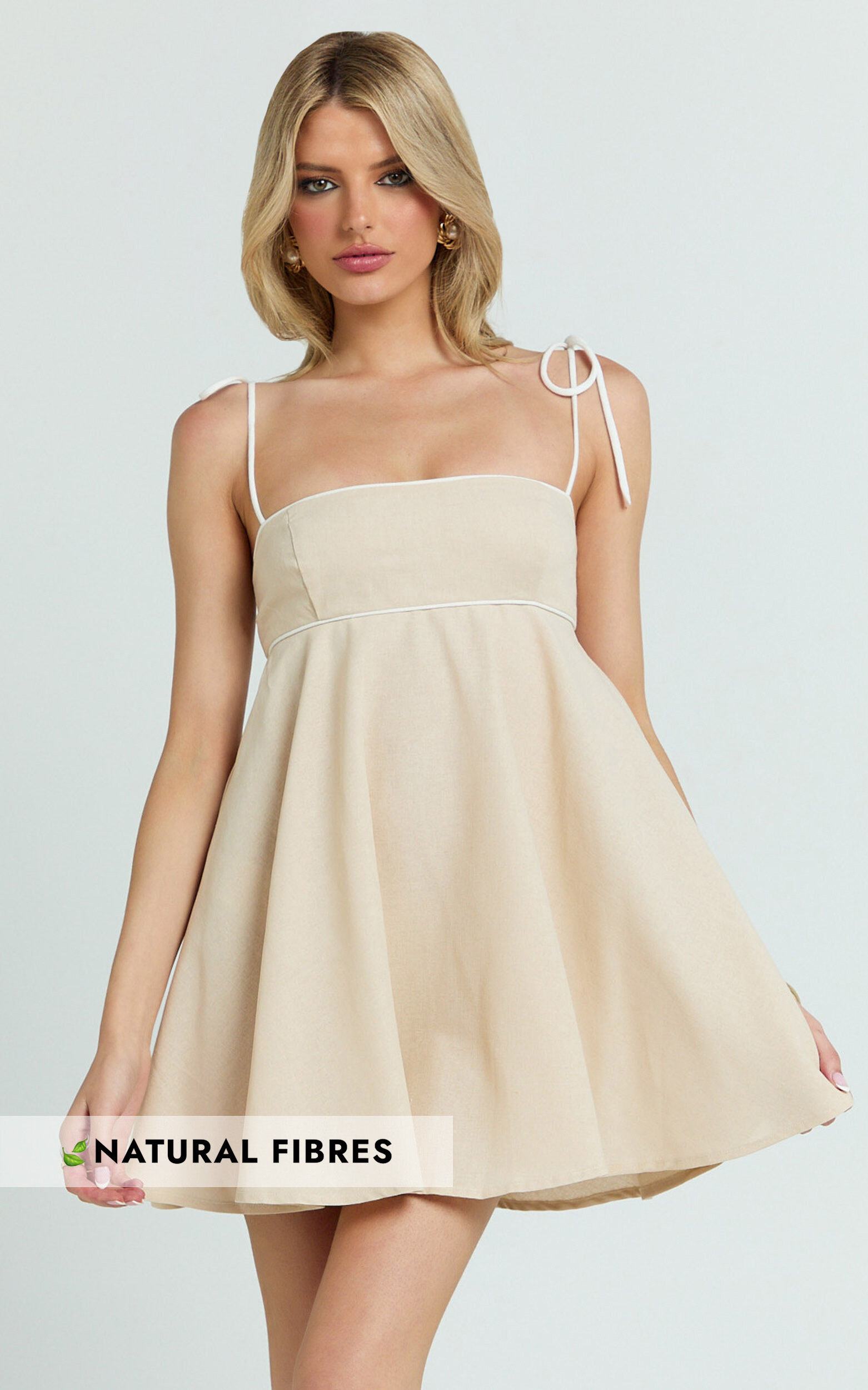 Jazmin Mini Linen Dress - Tie Shoulder Fit And Flare Dress in Oatmeal