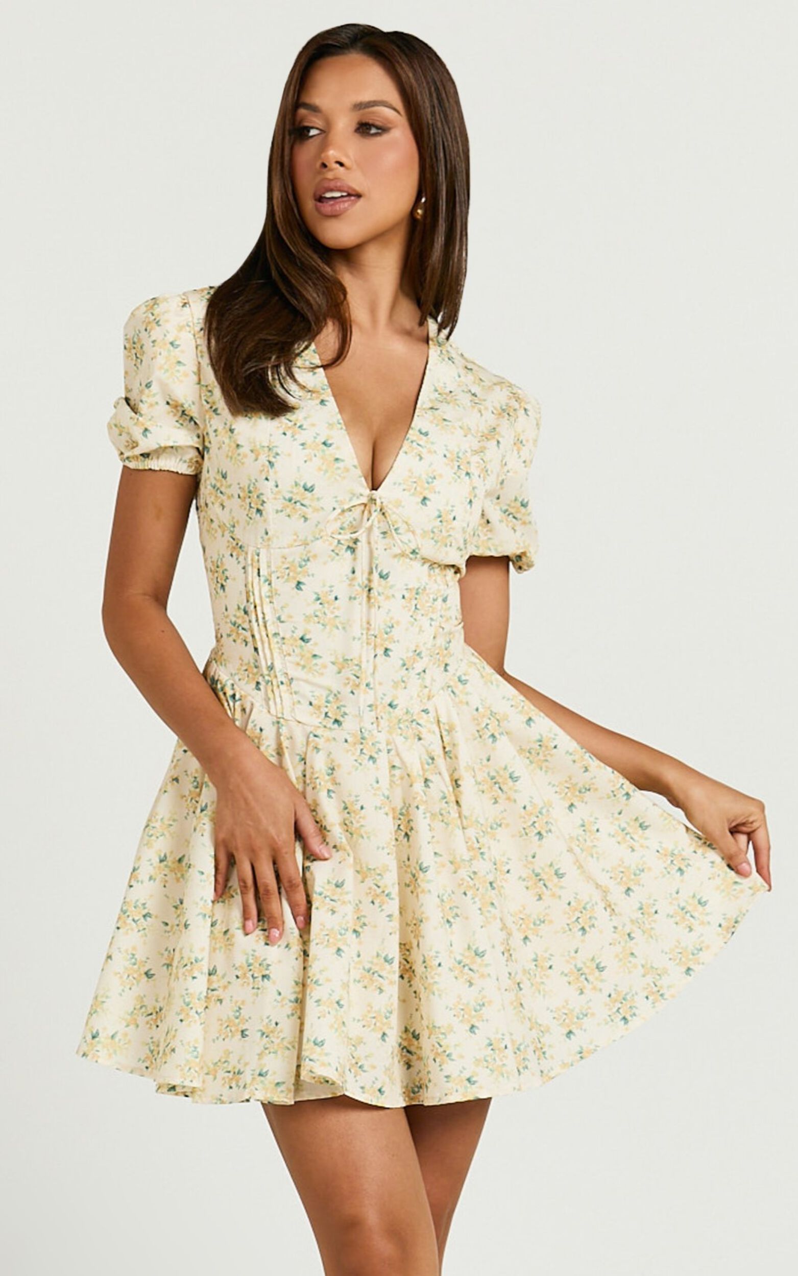 Jefelyn Mini Dress - Puff Sleeve Fit & Flare Dress in Lemon Vintage Floral
