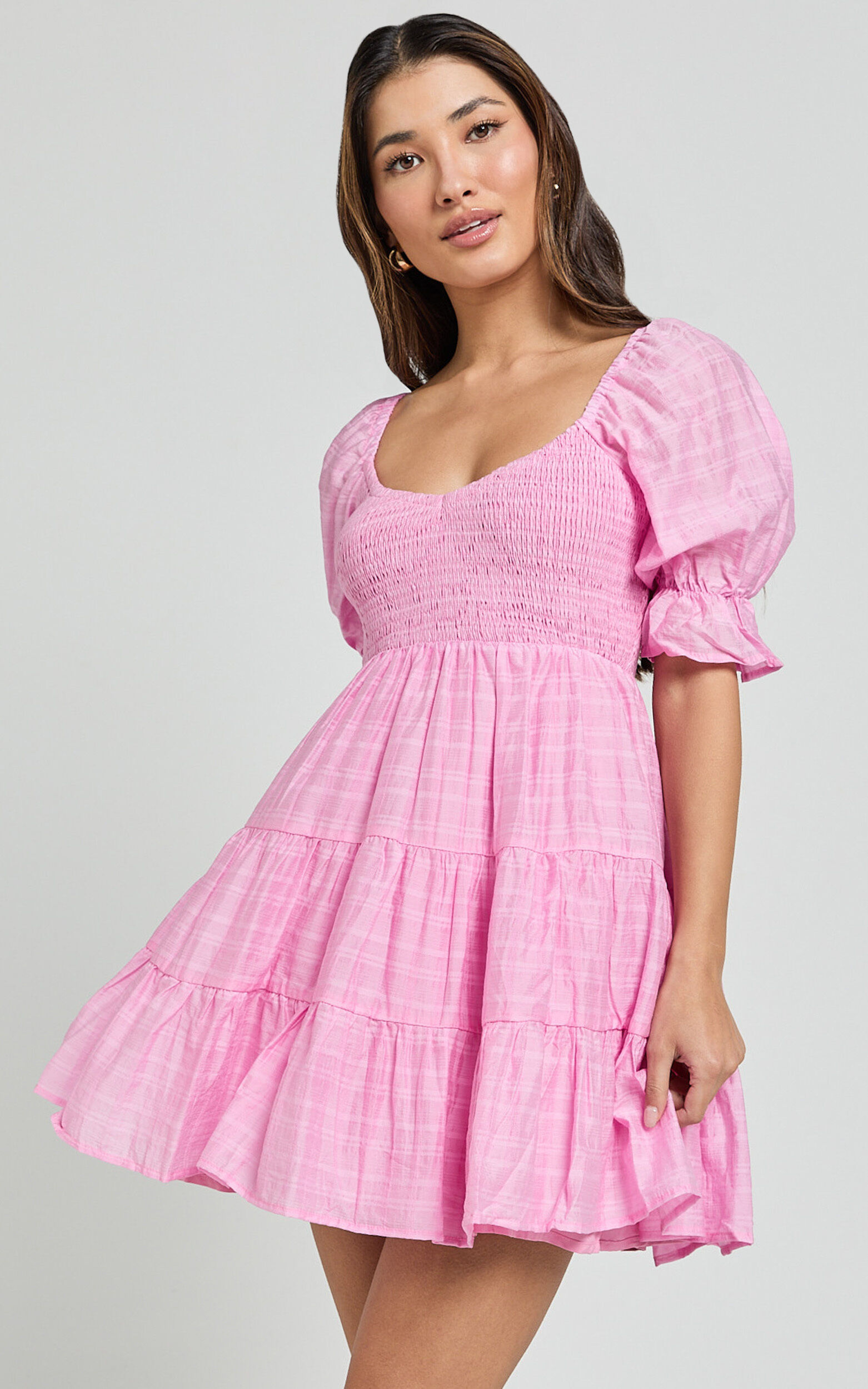 Britany Mini Dress - Shirred Puff Sleeve Tiered Dress in Pink
