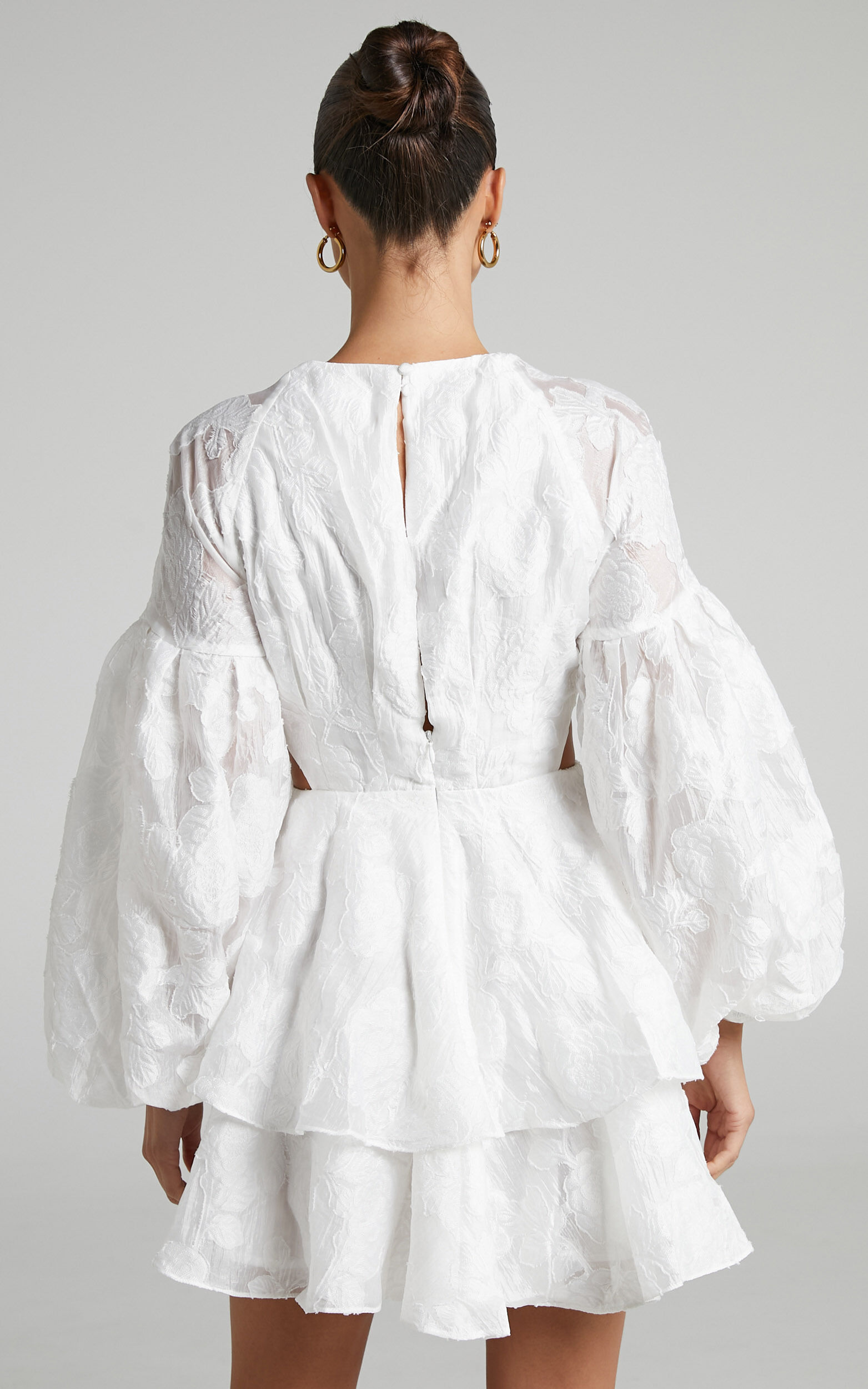 Allea Mini Dress - V Neck Balloon Sleeve Tiered Jacquard Dress in White