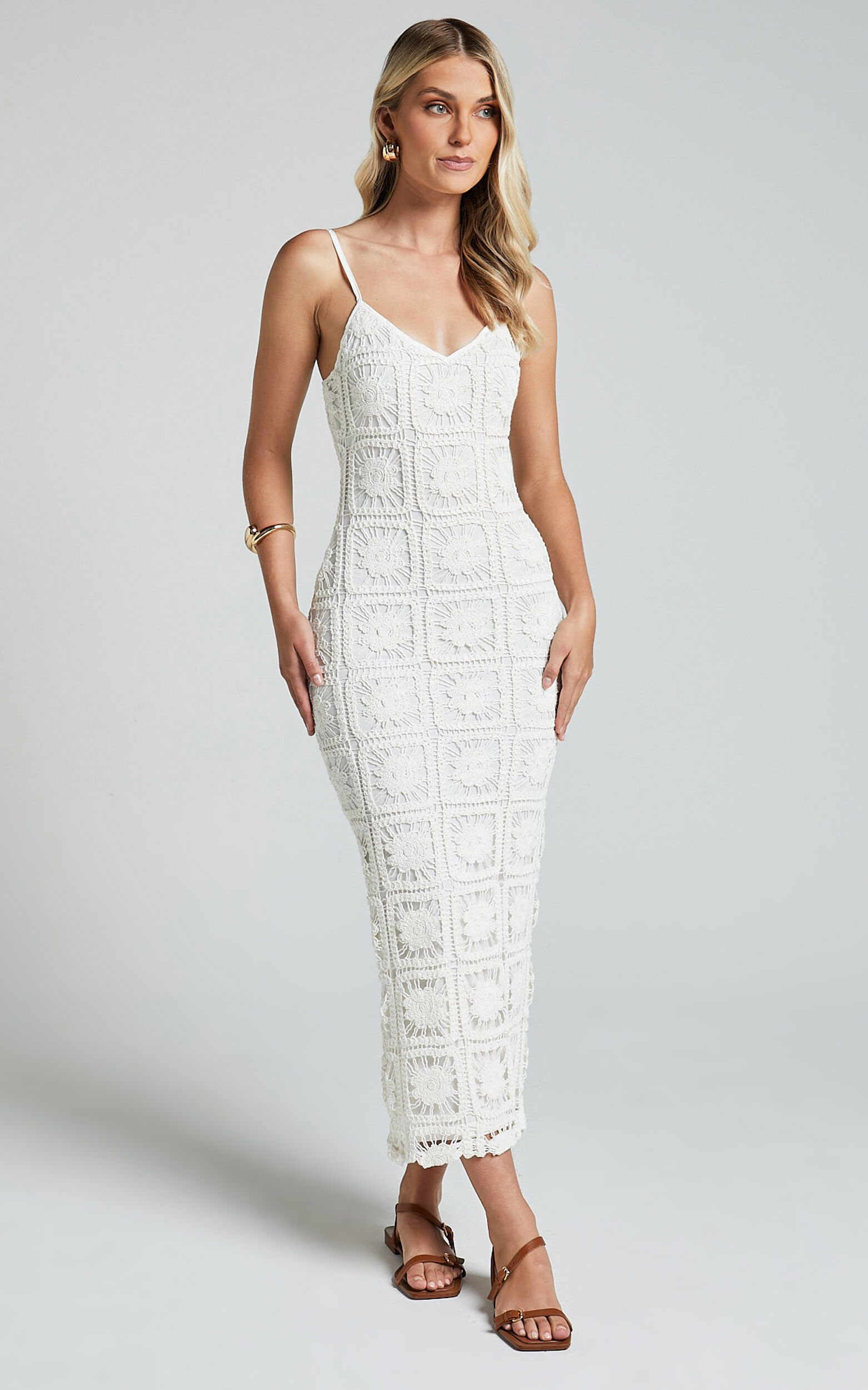 Antwerp Midi Dress - Strappy Bodycon Dress in White Crochet