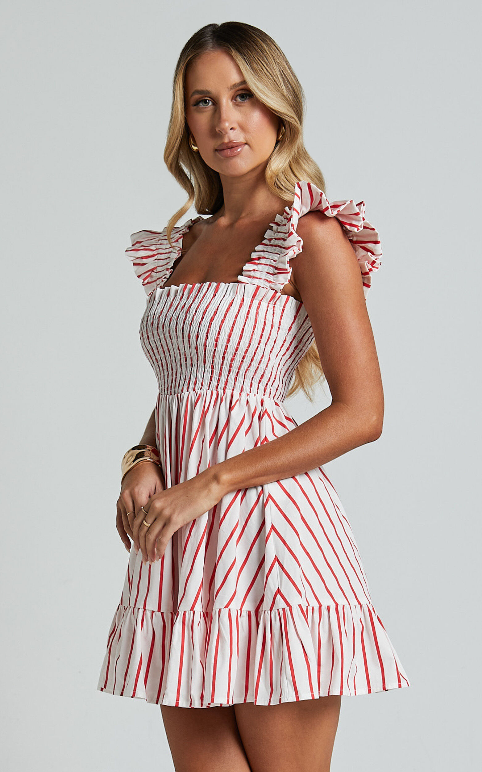 Brynlee Mini Dress - Elastic Chest Flutter Sleeve Hem Dress in Red Stripe