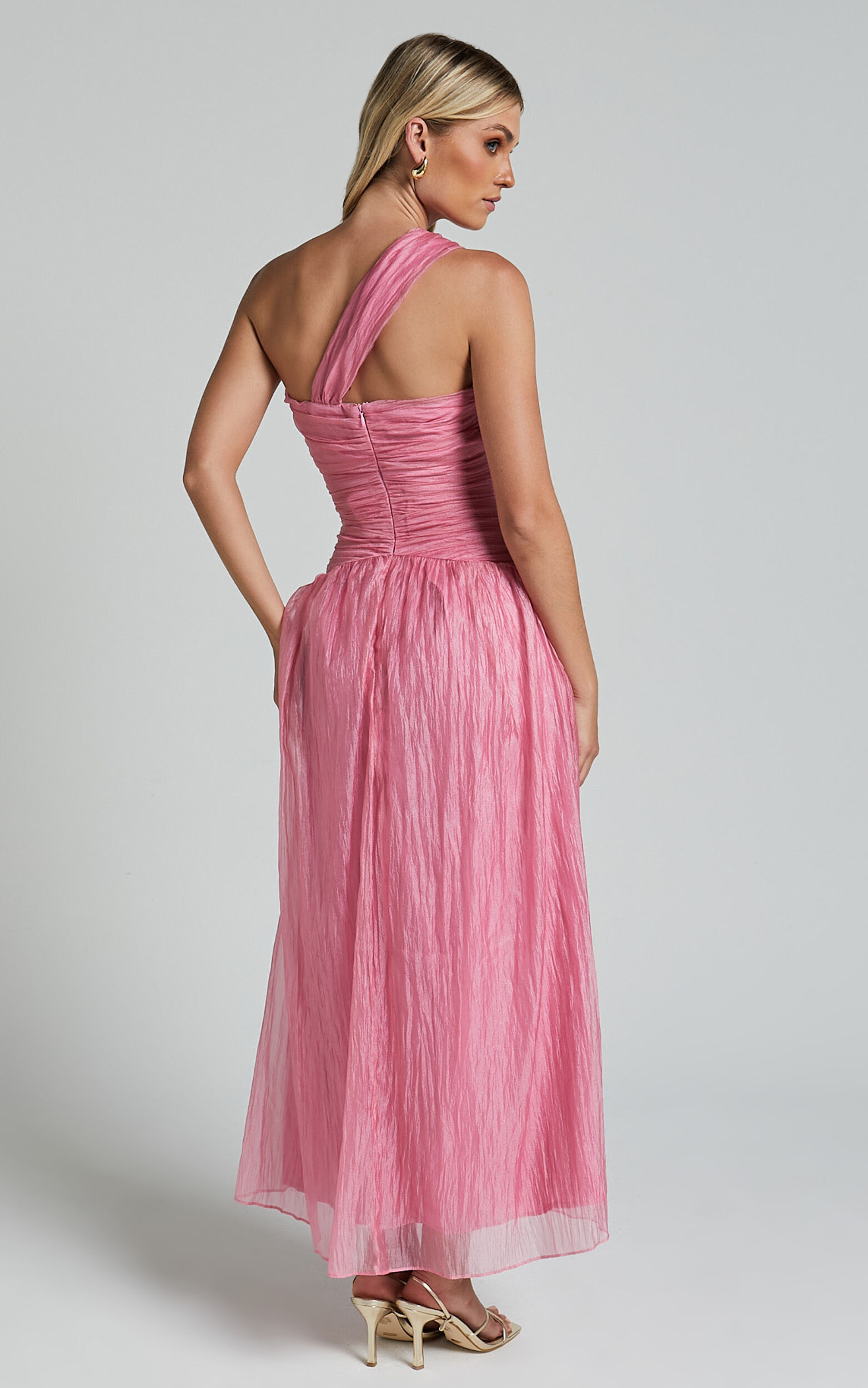 Janeilla Midi Dress - One Shoulder Cut Out Front Ruched Fit and Flare Dress in Pink