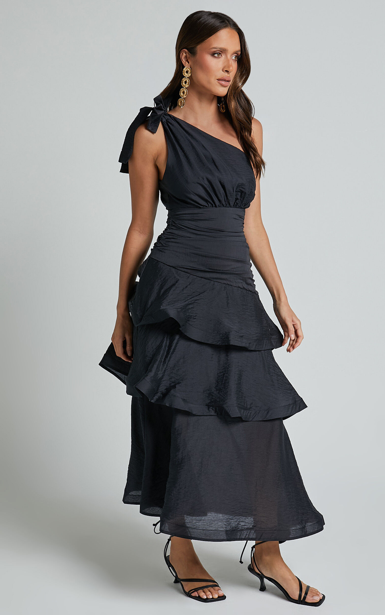 Eugenia Midi Dress - One Shoulder Fit and Flare Layered Dress in Black