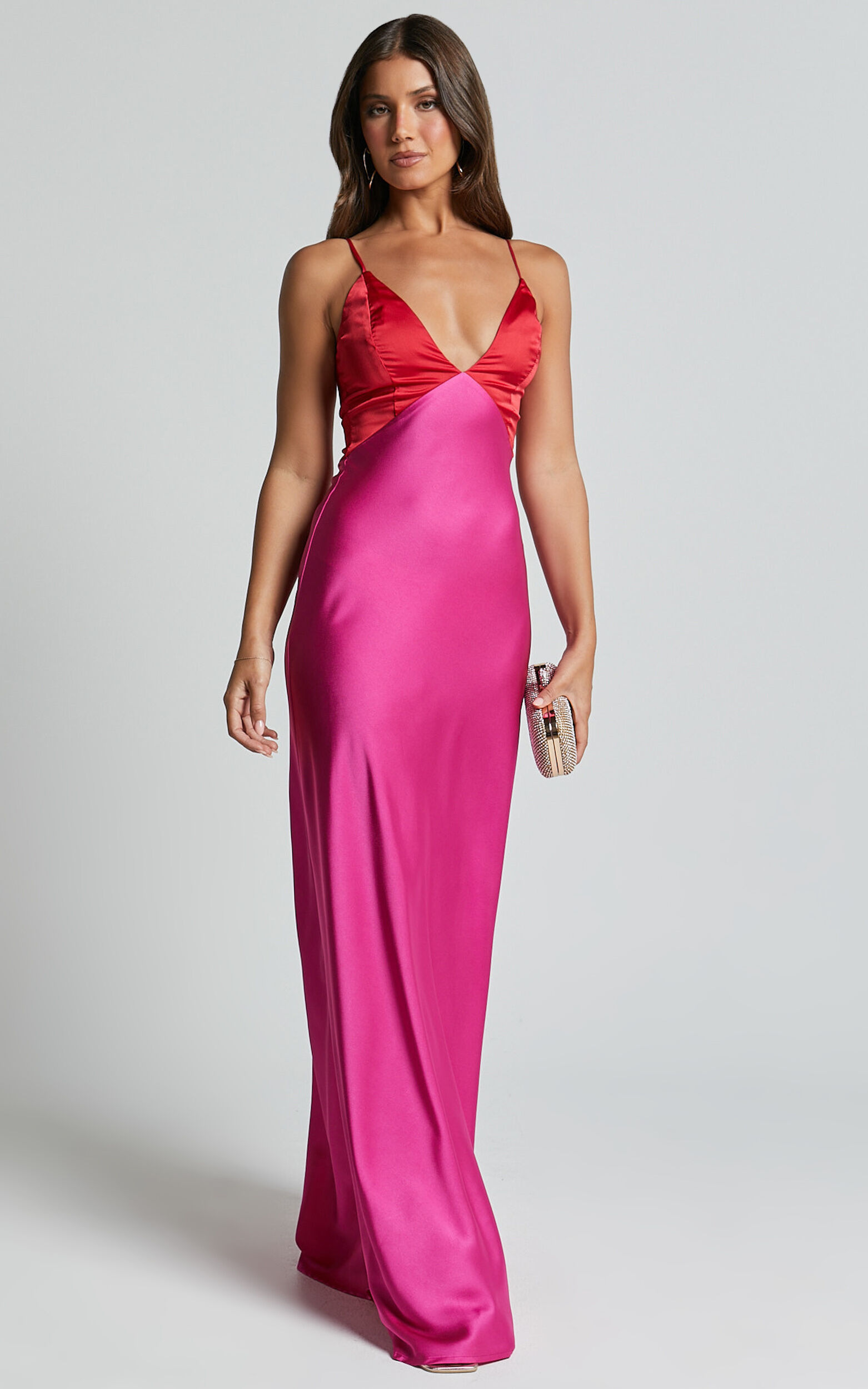 Quincy Maxi Dress - Satin Slip Dress in Pink/Red