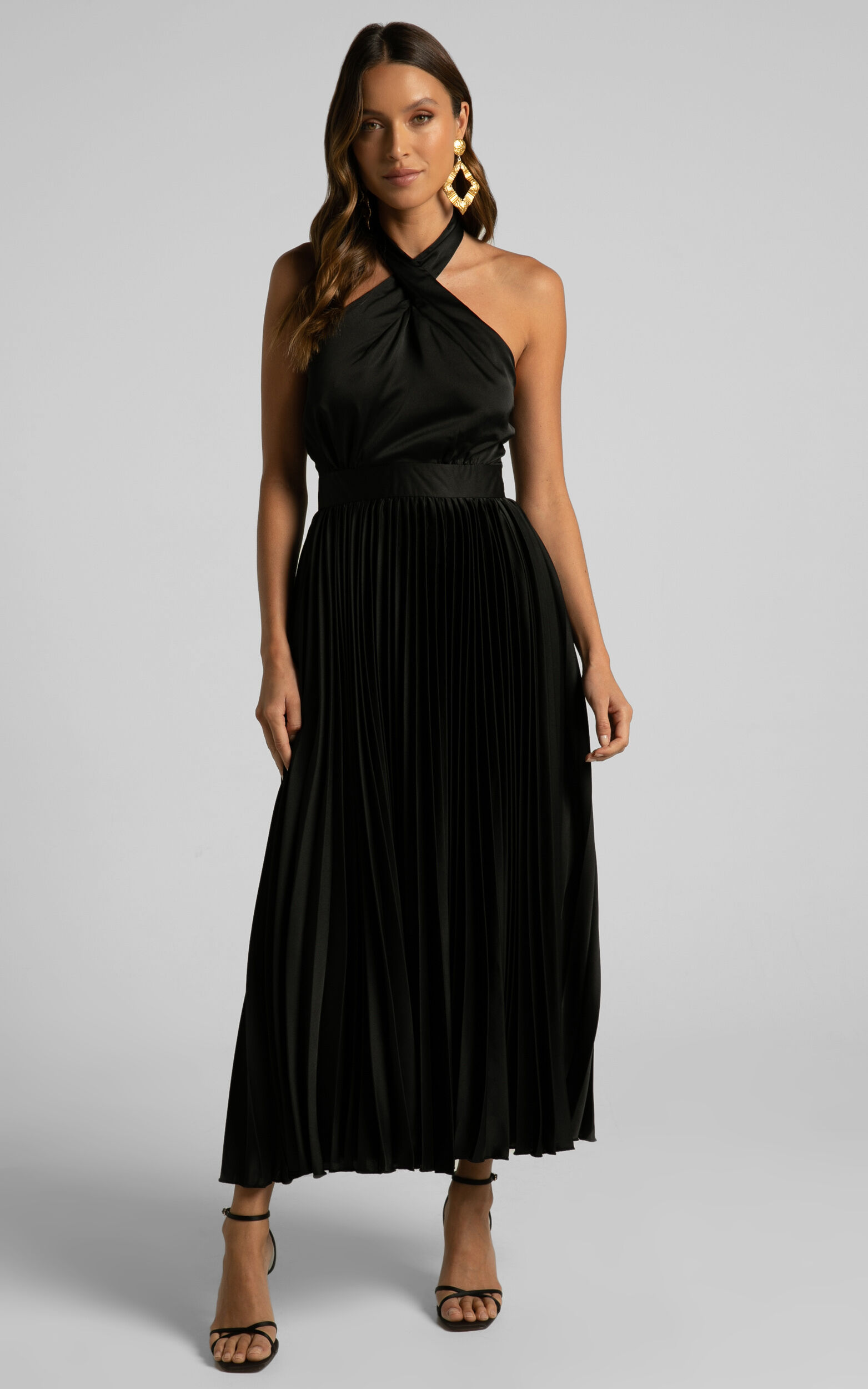 Eloise Midi Dress - Halter Neck Pleated Dress in Black