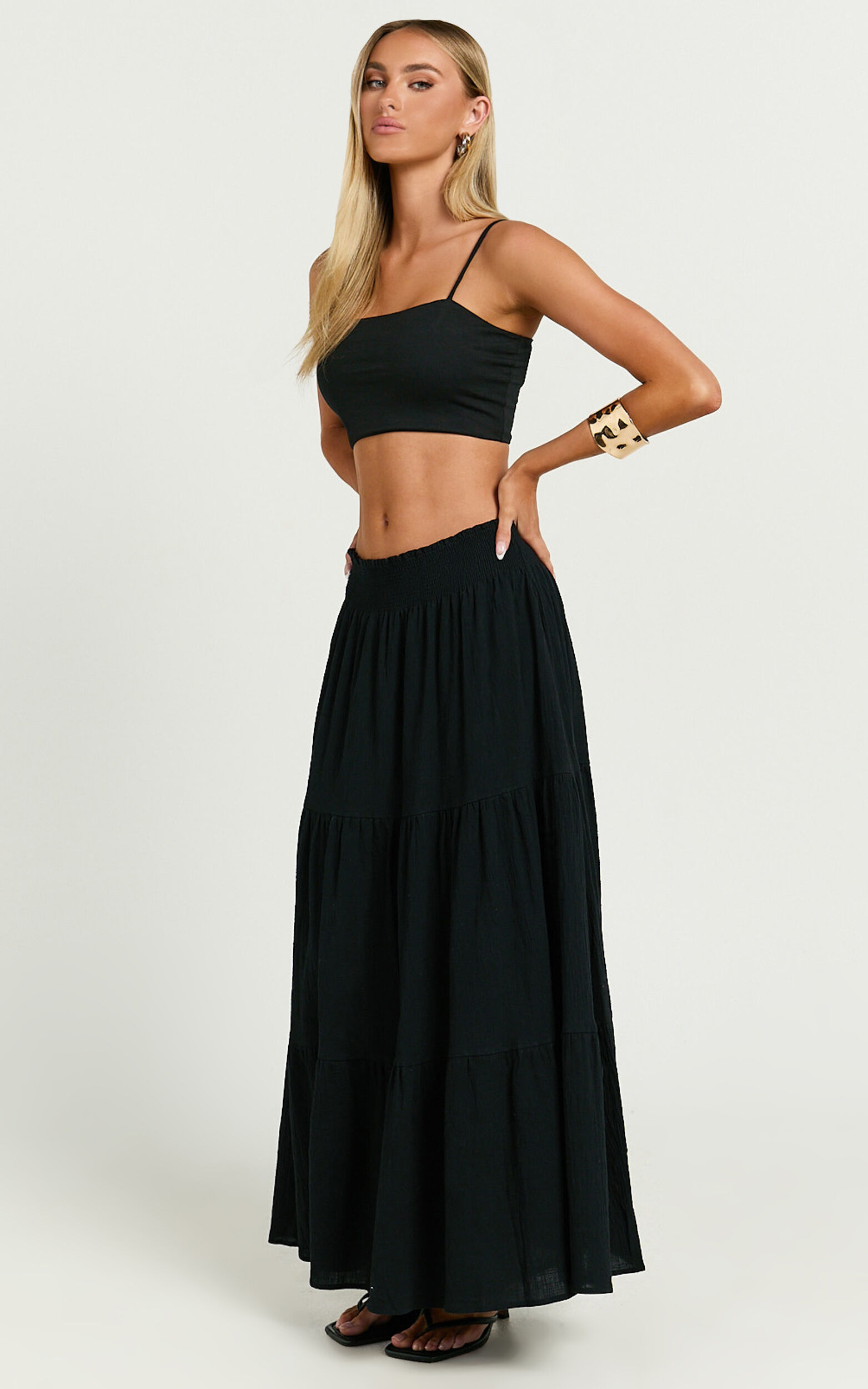 Ruby Midi Skirt - Shirred High Waist Cotton Tiered Midi Skirt in Black