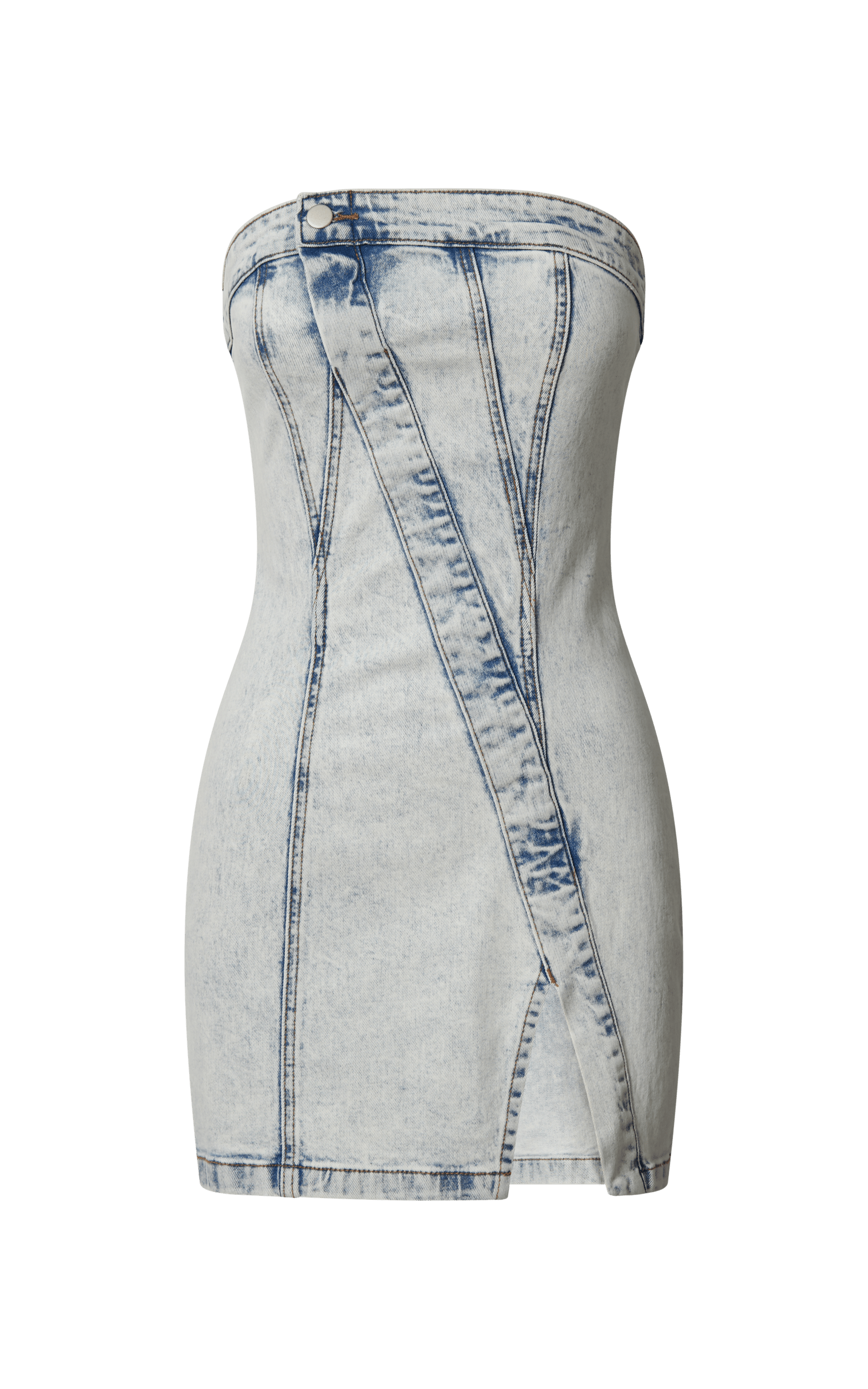 Erline Mini Dress - Asymmetric Strapless Denim Dress in Acid Blue Wash