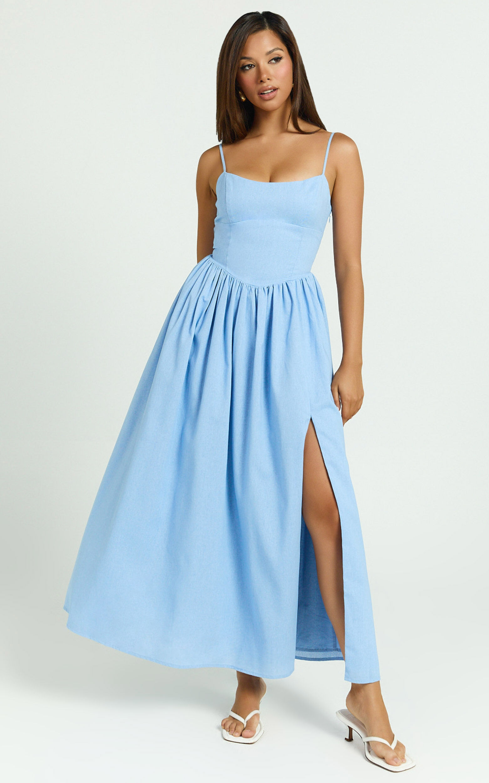 Morris Midi Dress - Linen Scoop Neck Gathered Dress in Blue