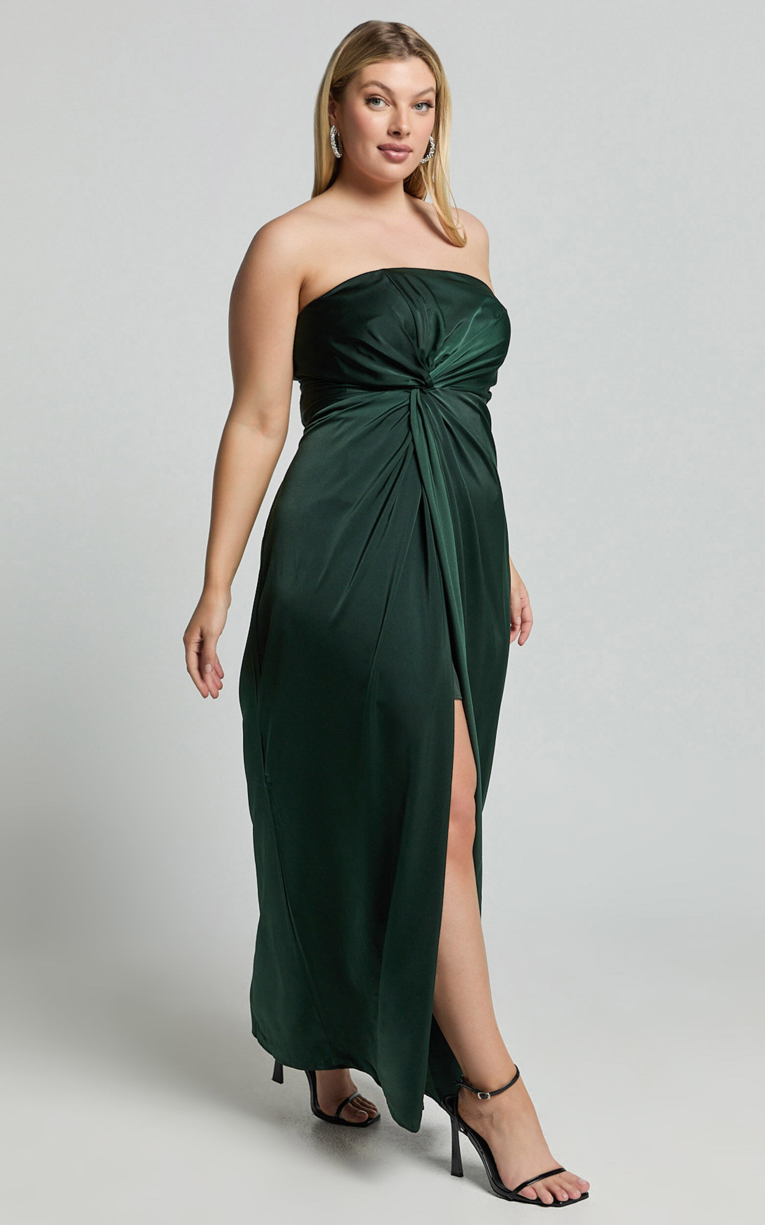 Hathaway Maxi Dress - Strapless Straight Neck Twist Front Split in Emerald
