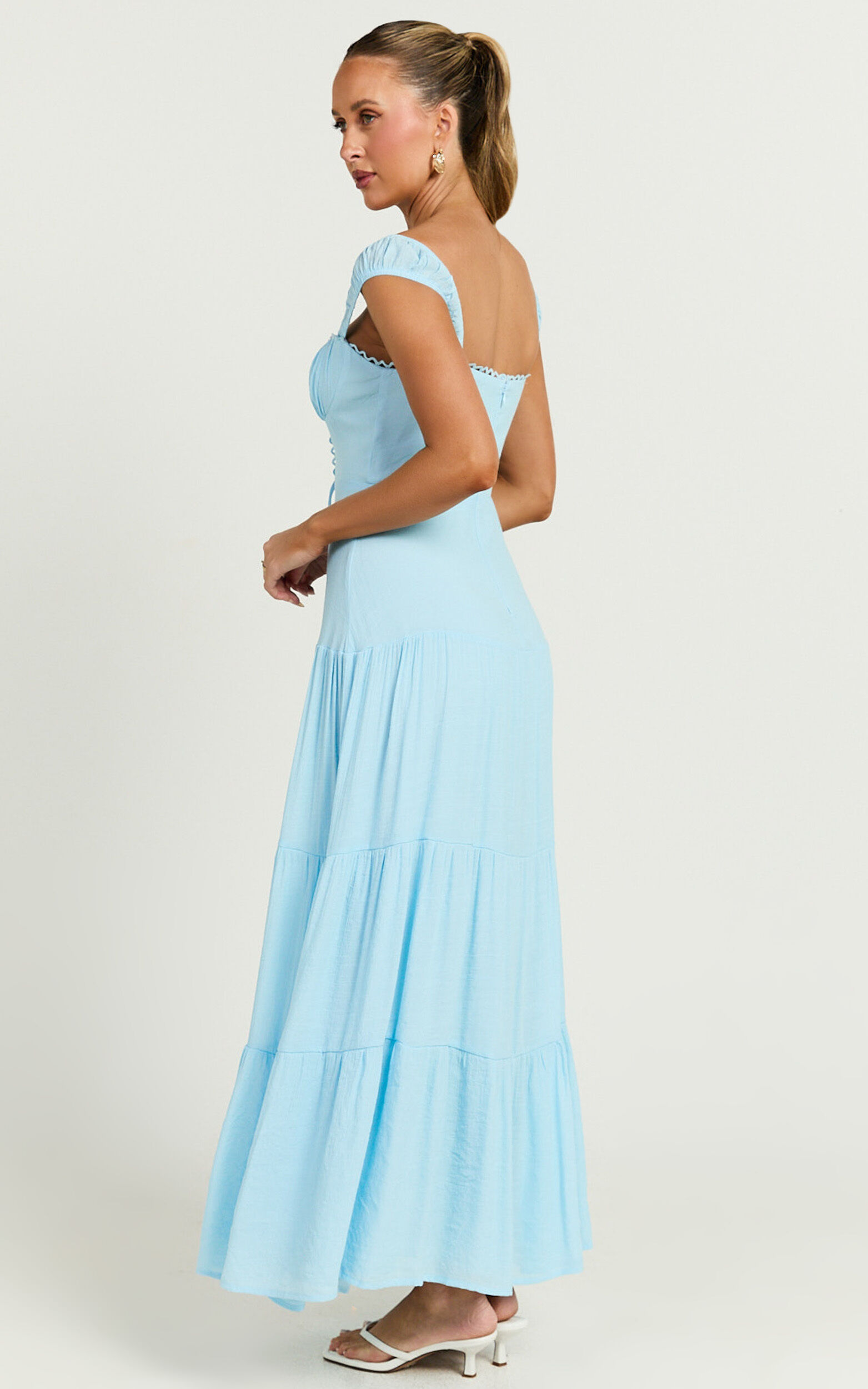 Nabby Midi Dress - Sweetheart Ruched Bust Short Sleeve Dress in Blue