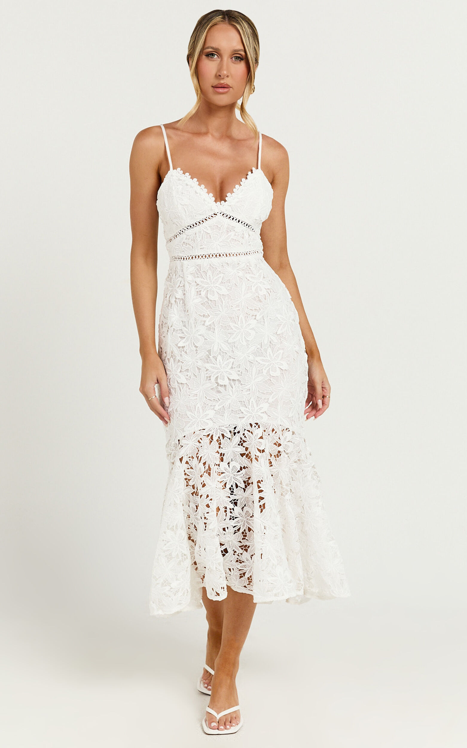 Aracely Midi Dress - Strappy Sweetheart Lace Mermaid Dress in White