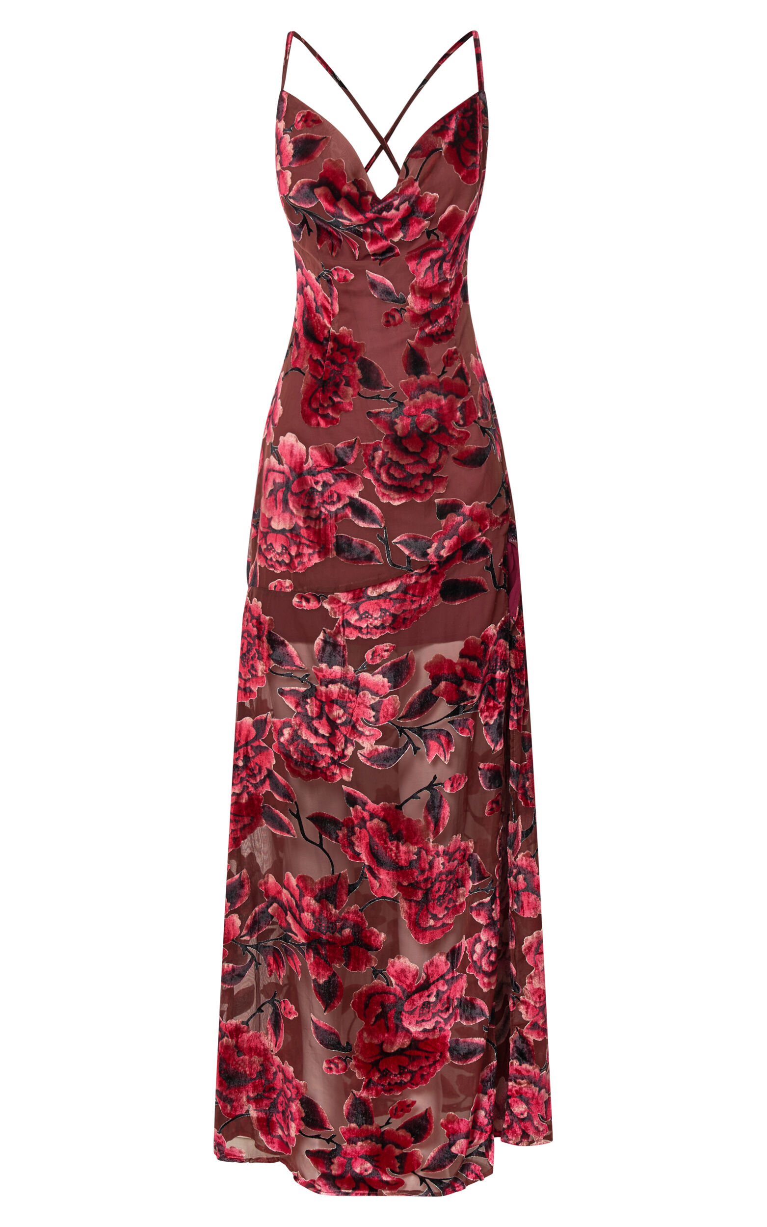 Aletta Maxi Dress - Cowl Cross Back Dress in Wine Floral