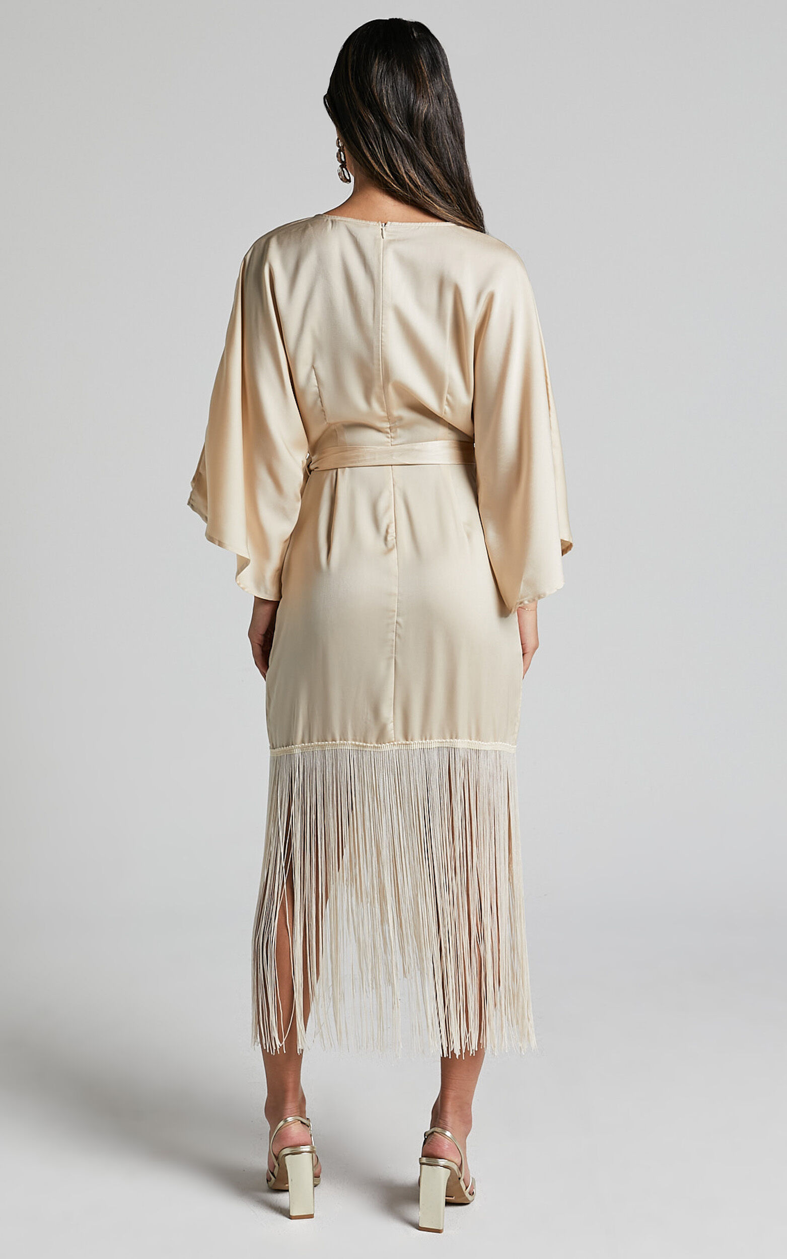Harlen Midi Dress - V Neck 3/4 Sleeve Asymmetric Fringe Hem Wrap Dress in Champagne