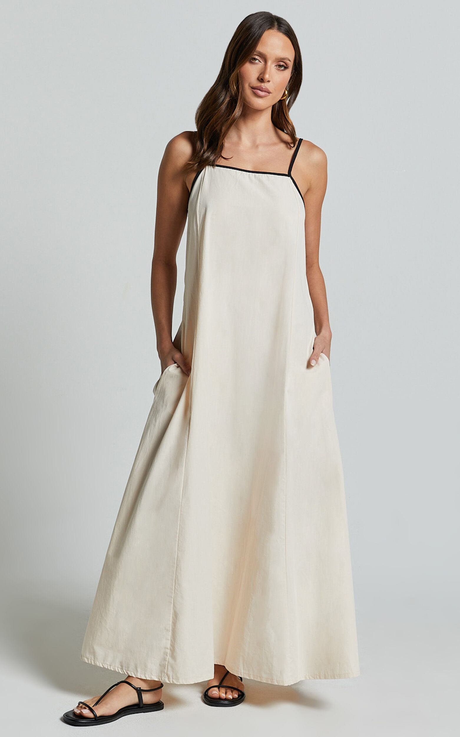 Angelina Midi Dress - Straight Neck Sleeveless A Line Dress in Natural