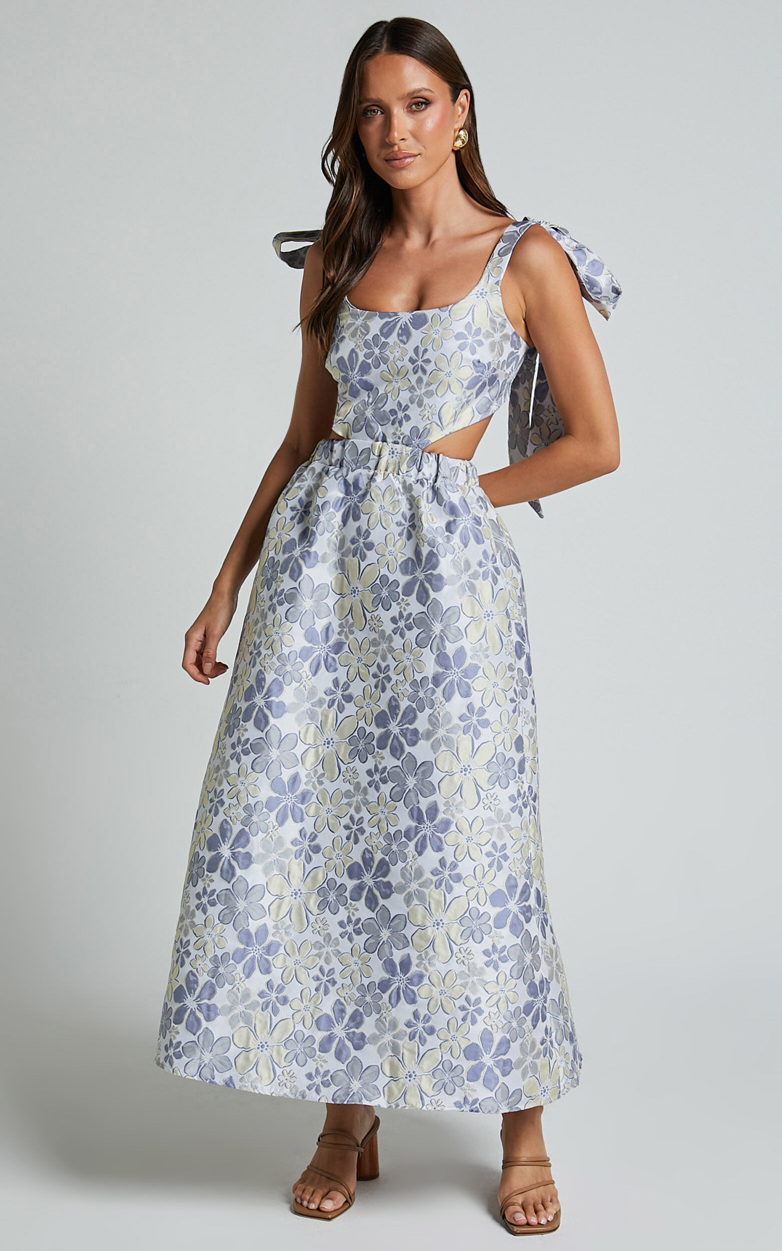 Briella Midi Dress - Adjustable Strap Side Cut Out A Line Dress in Blue