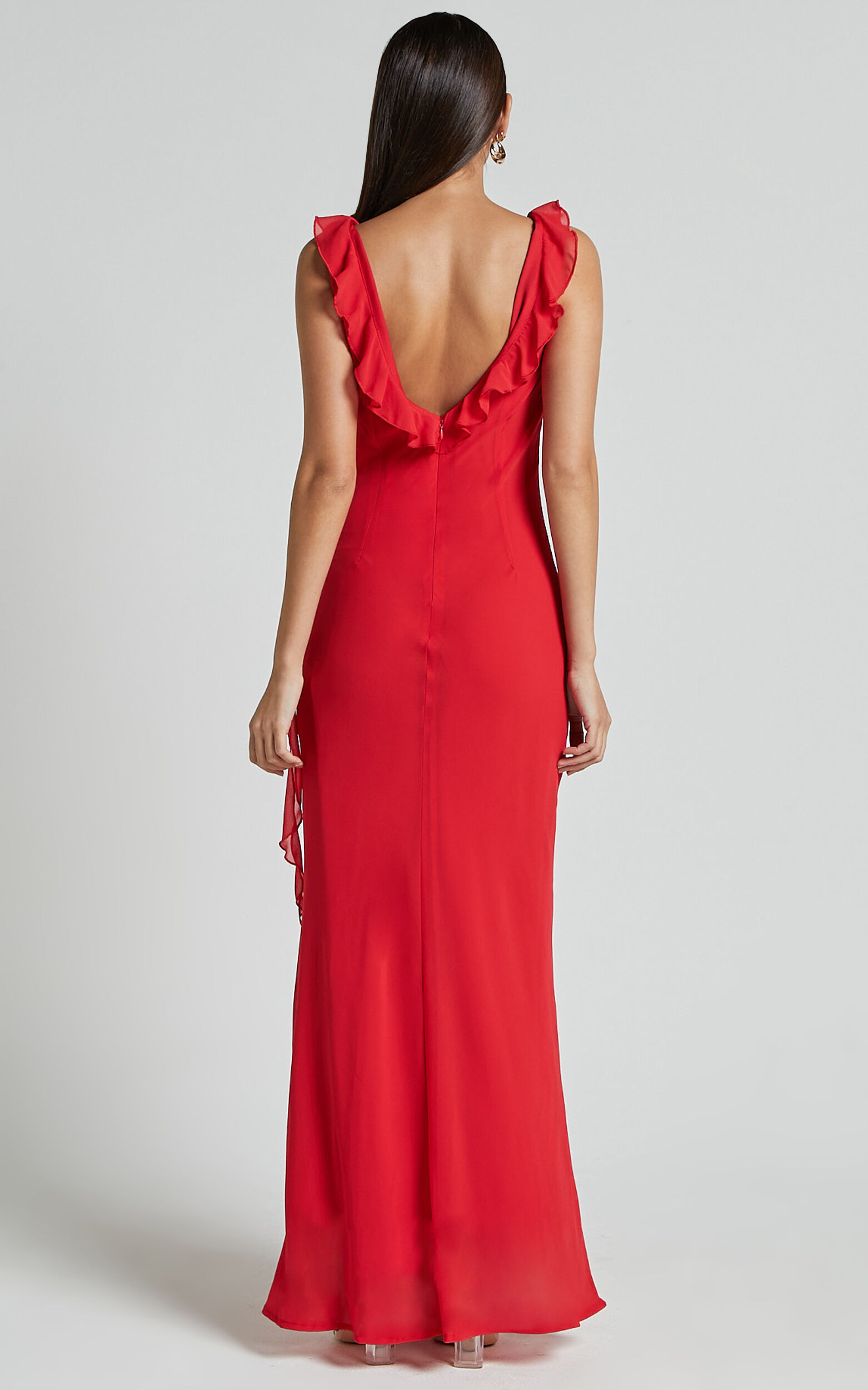 Laurie Midi Dress - Plunge Frill Detail Slip Dress in Red