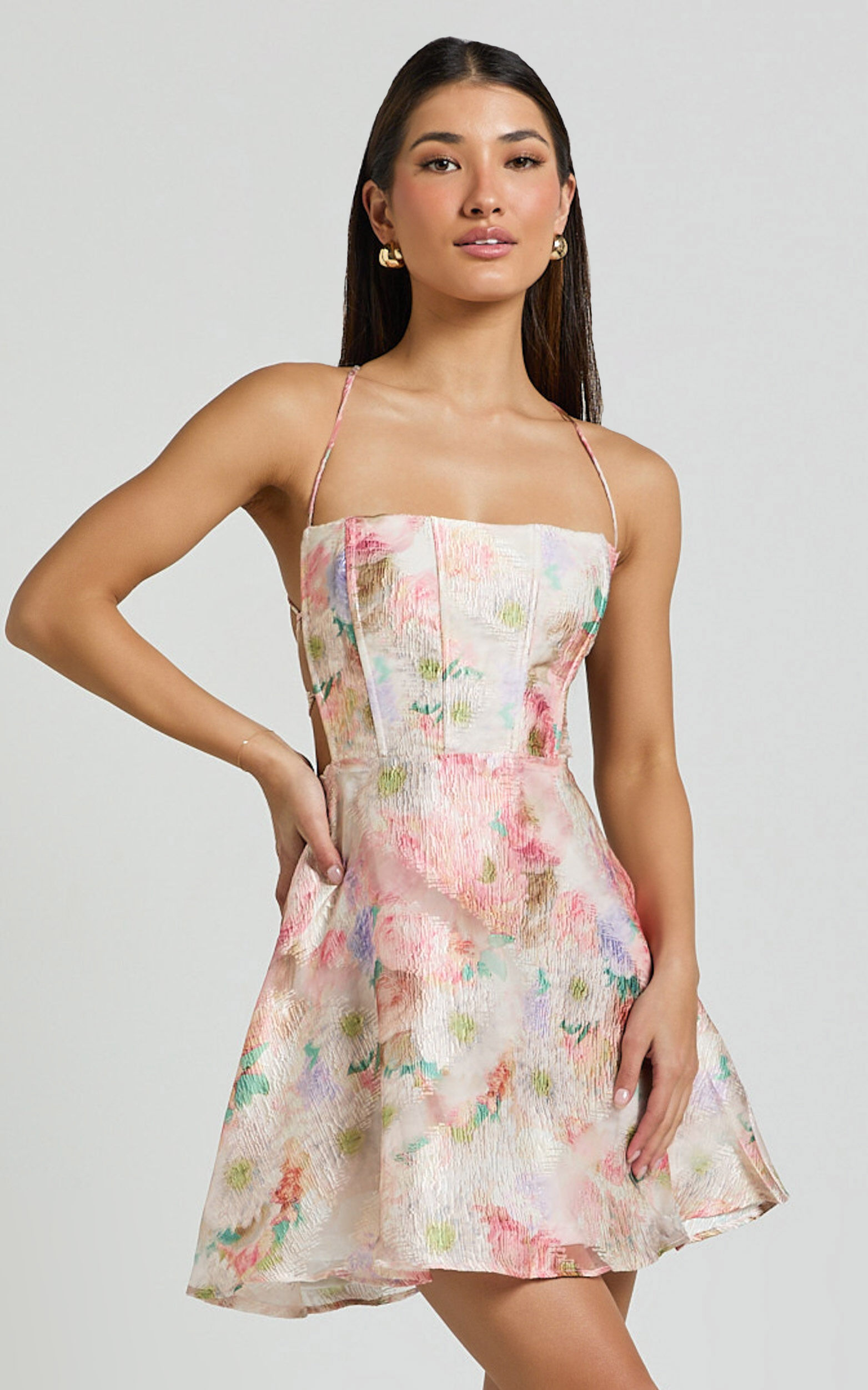 Odessa Mini Dress - Straight Neck Backless Tie Back Shift Dress in Pink Jacquard