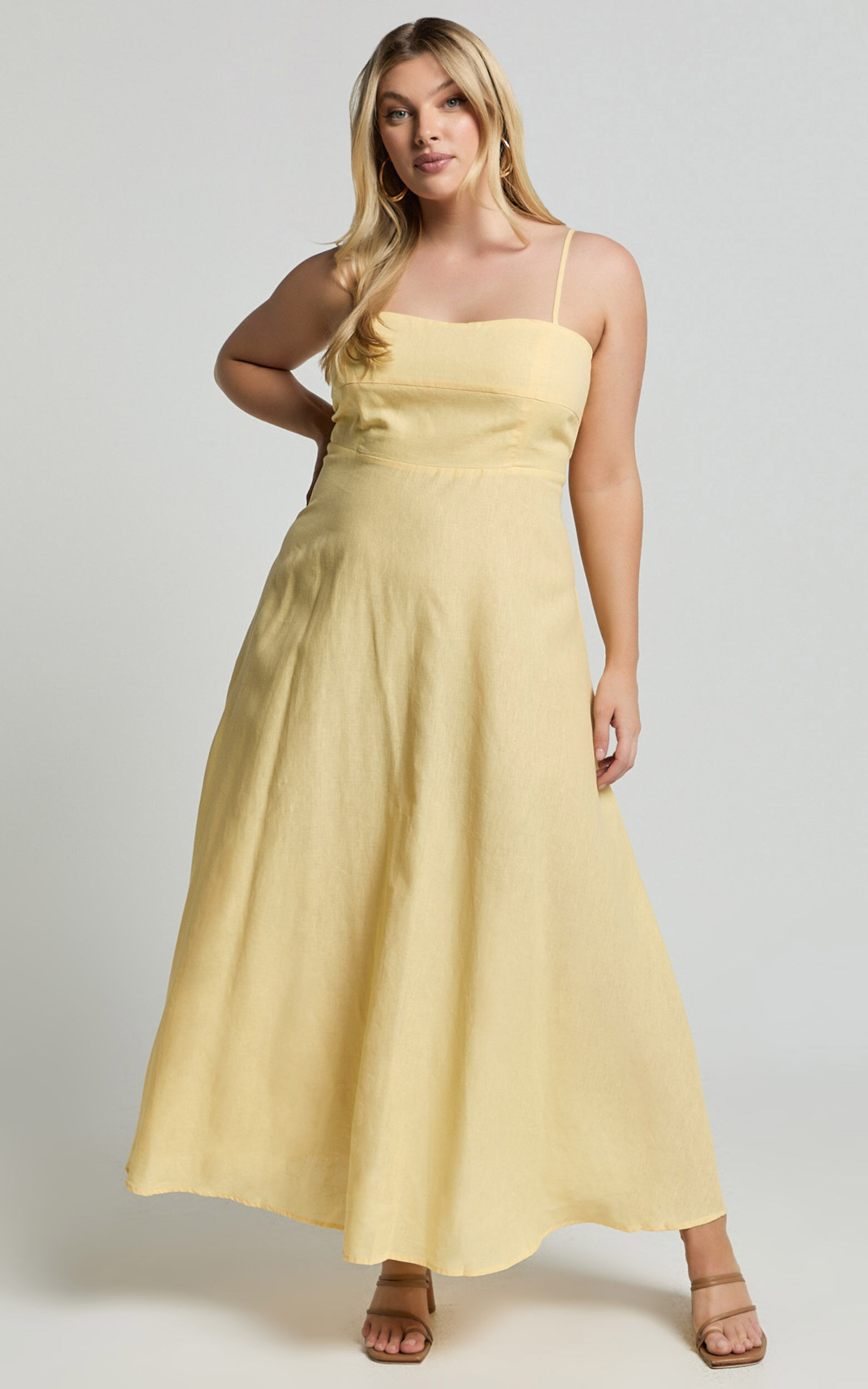 Brette Midi Dress - Linen Straight Neck Strappy Fit And Flare Dress in Lemon