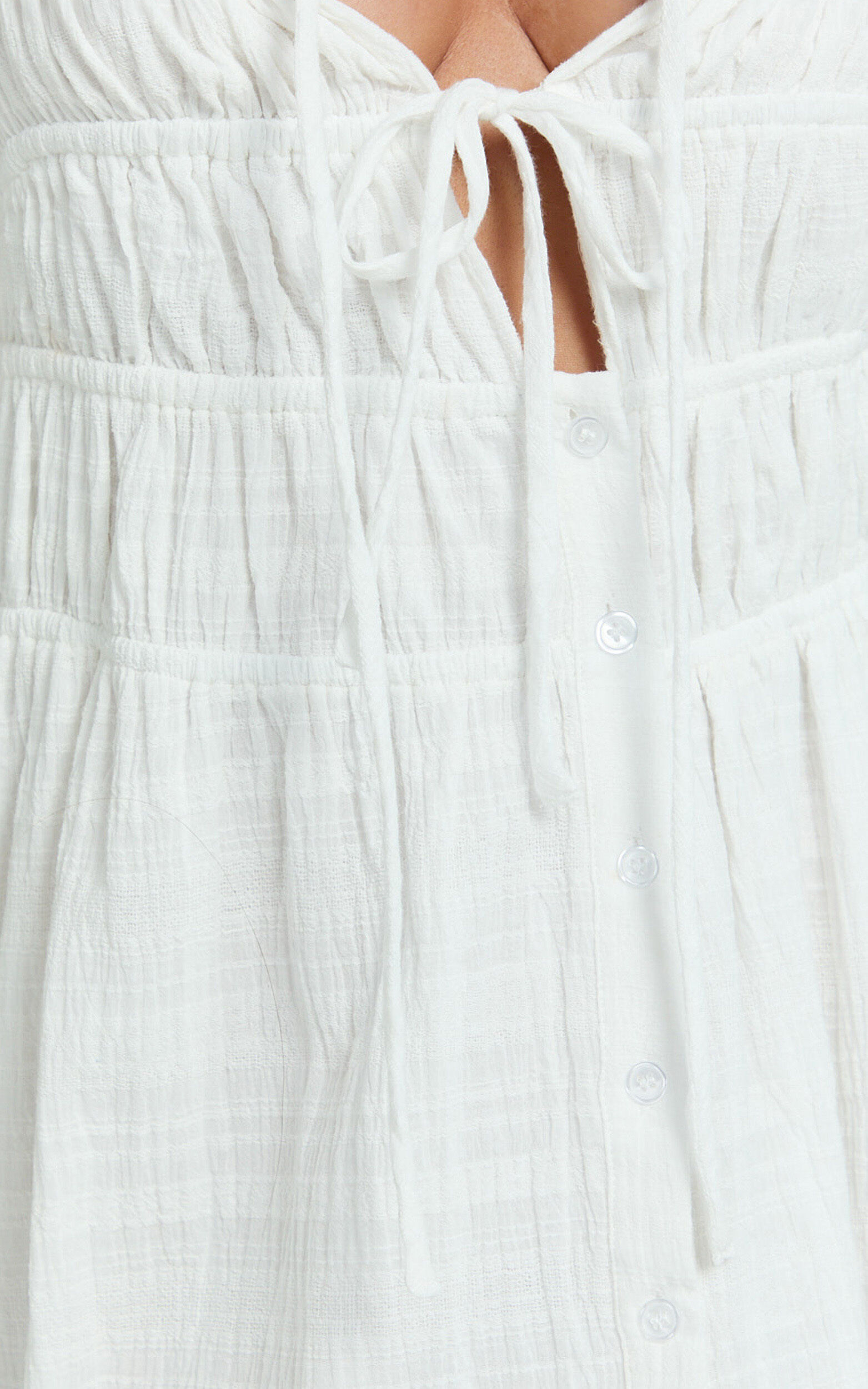 Lucienne Midi Dress - Ruched Button Up Front Dress in White