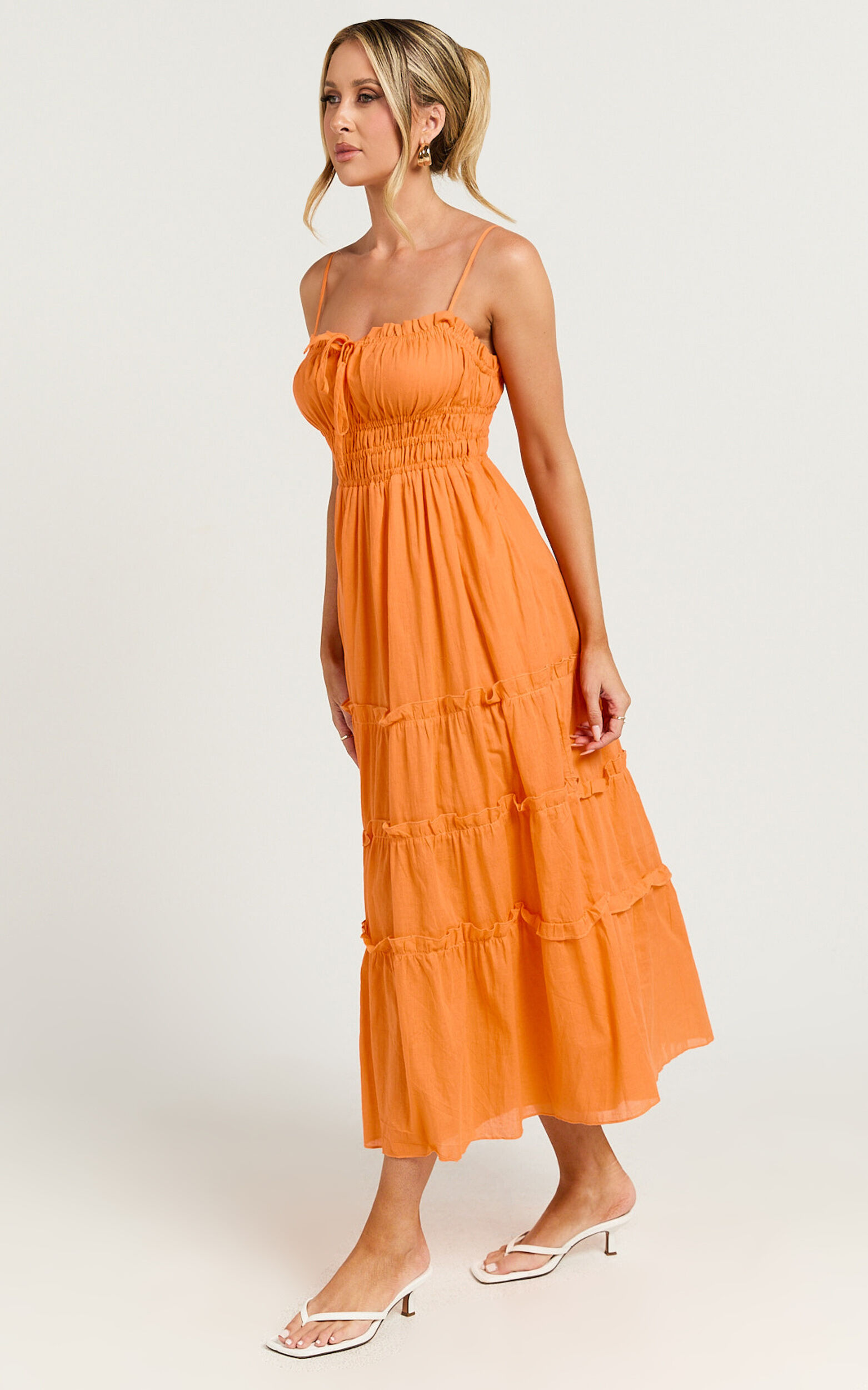 Schiffer Midi Dress - Strappy Ruched Tie Front Tiered Dress in Mandarin